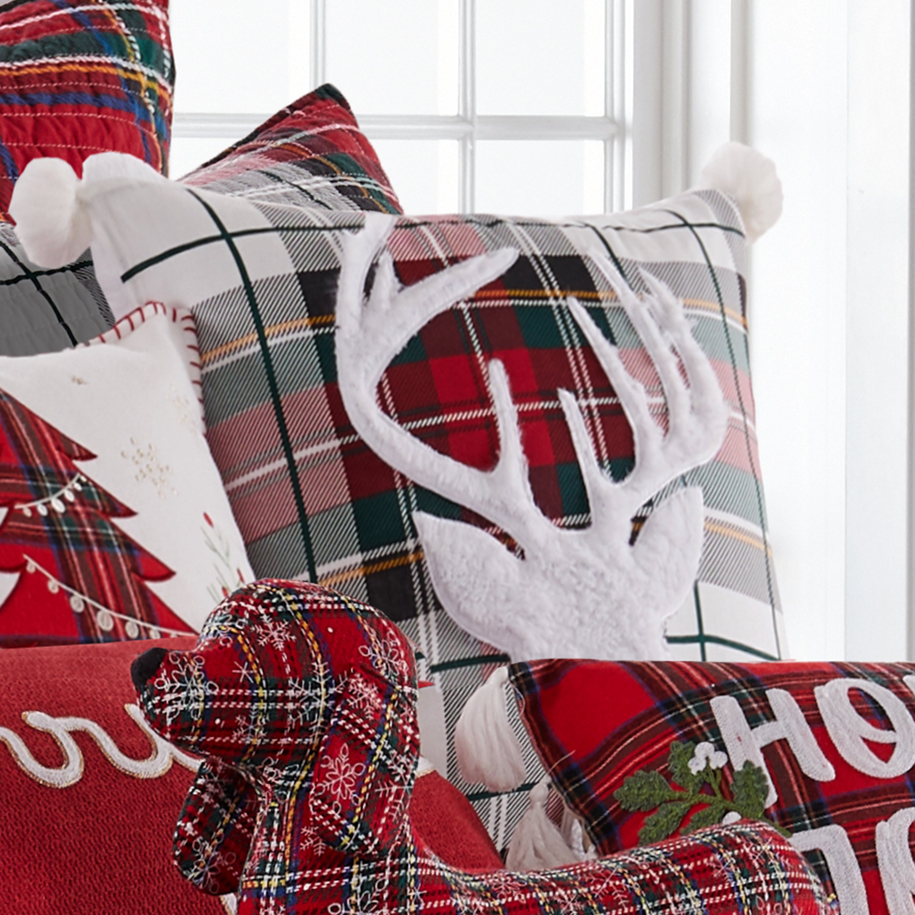 Levtex Home Spencer Plaid Deer Fur Pom Pillow Decorative Pillows