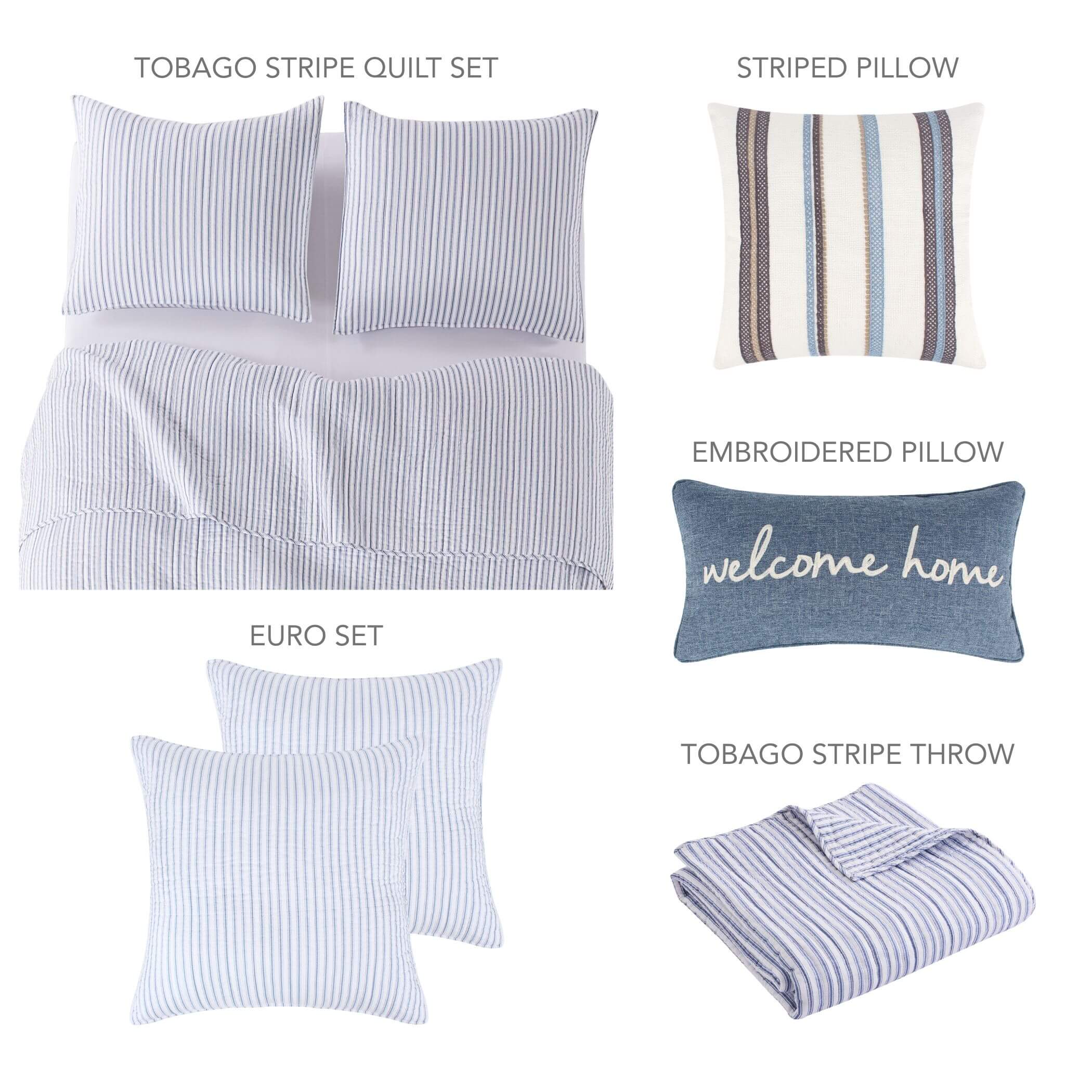 Levtex Home Tobago Stripe Blue Quilt Bundle: Quilt Set + Euro Sham Set of 2 + 2 Decorative Pillows + Throw Quilts