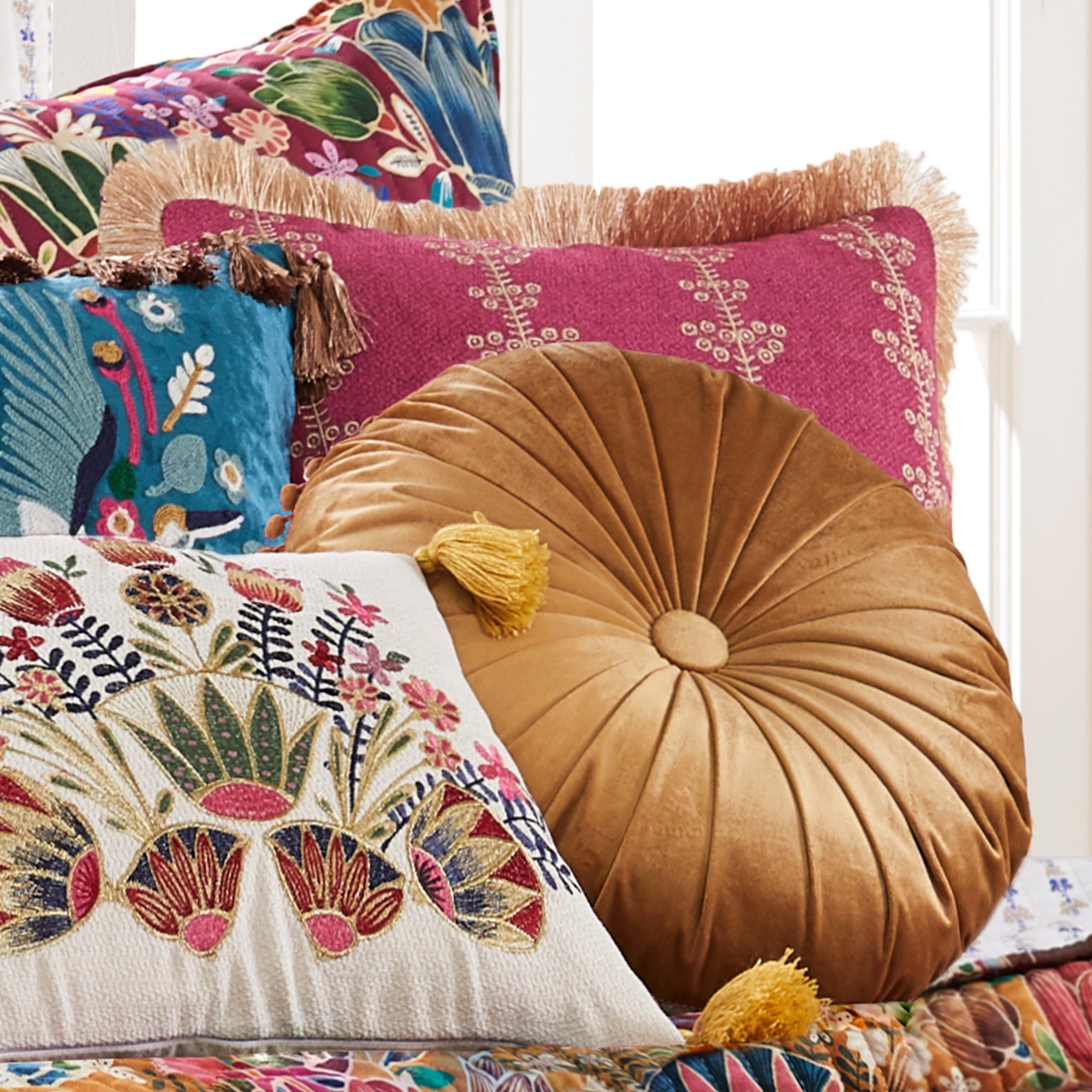 Levtex Home Delissa Velvet Gold Embroidered Fringe Pillow Decorative Pillows