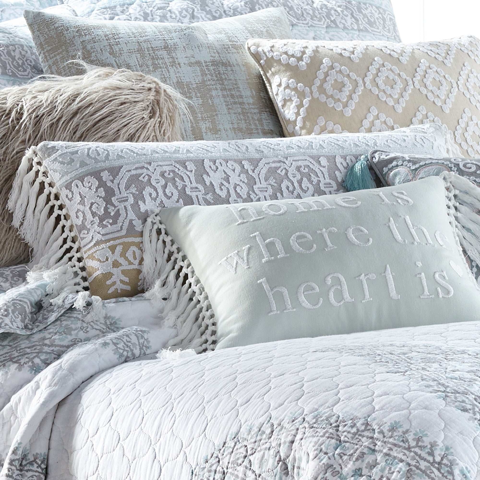 Levtex Home Josie Spa Crewel Embroidered Tassel Trim Pillow Decorative Pillows