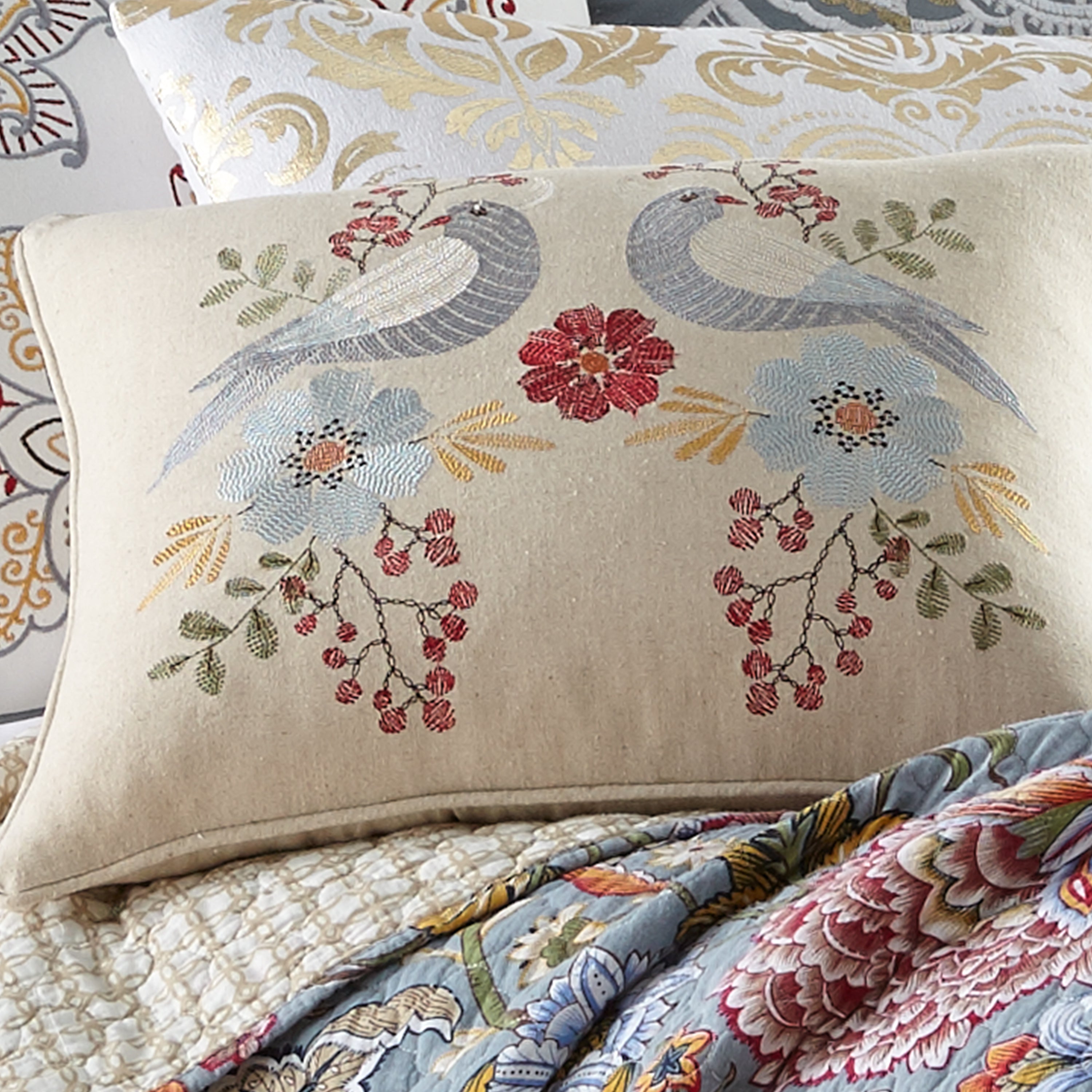 Levtex Home Angelica Linen Bird Embroidered Pillow Decorative Pillows