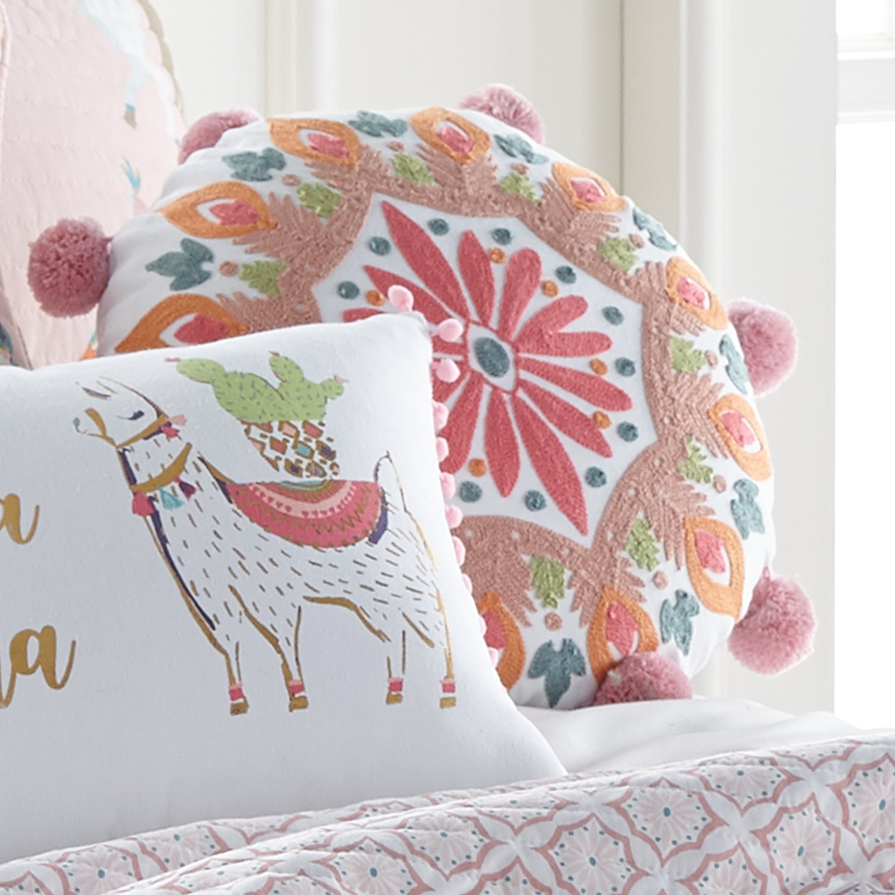 Levtex Home Lima Llama Round Crewel Pillow Kids Decorative Pillows
