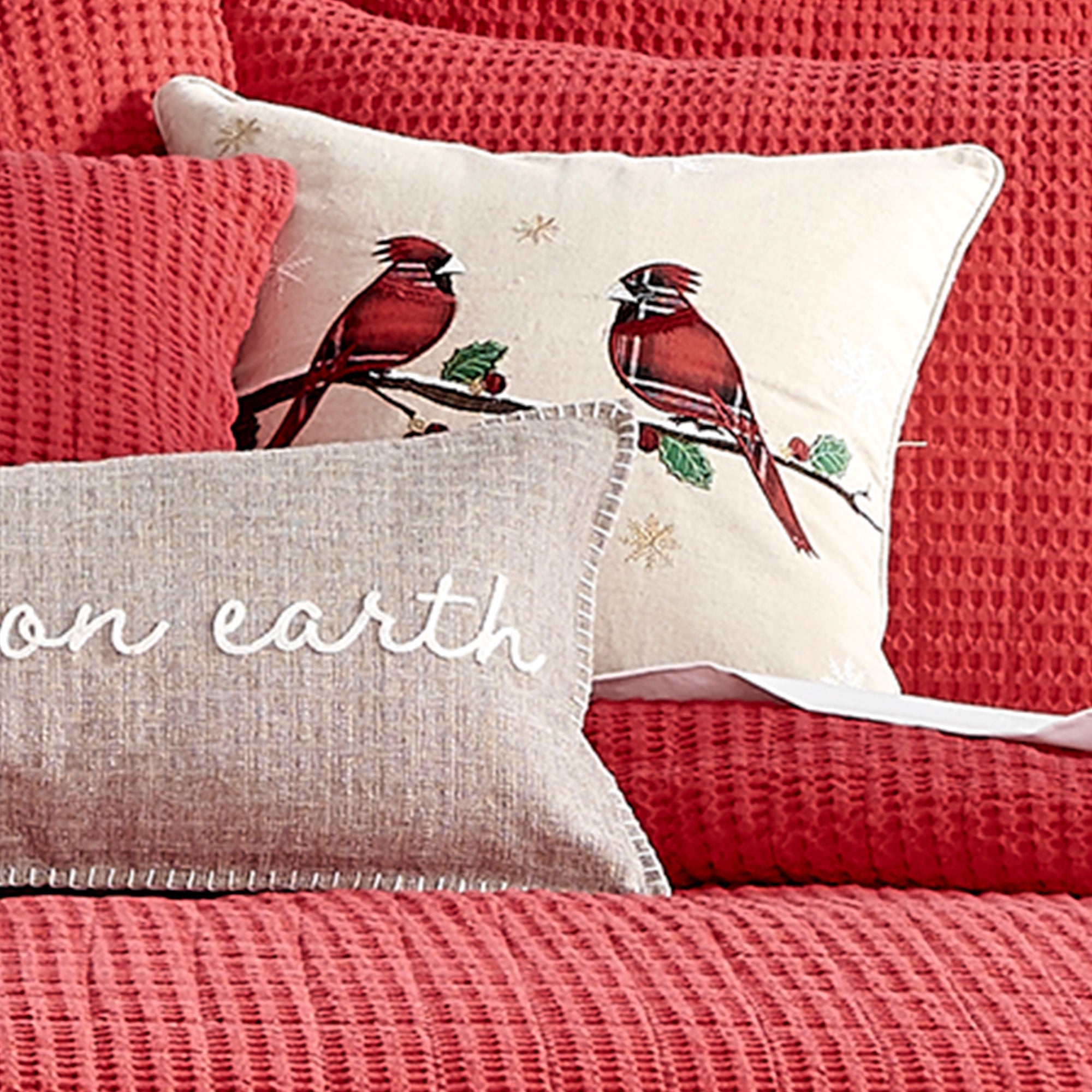 Levtex Home Mills Waffle Red Merry Birds Pillow 18X18 Decorative Pillows