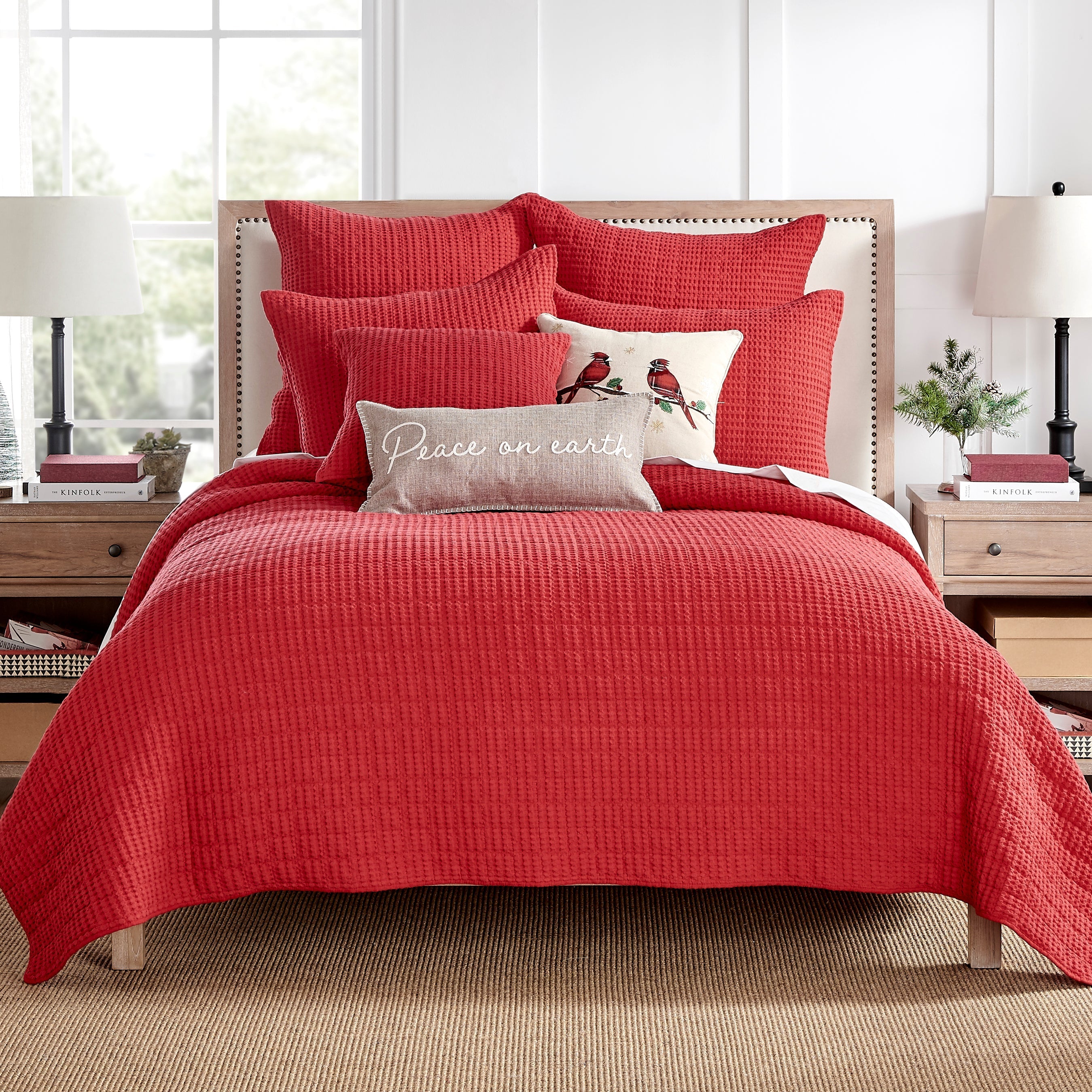 Levtex Home Mills Waffle Red Merry Birds Pillow 18X18 Decorative Pillows