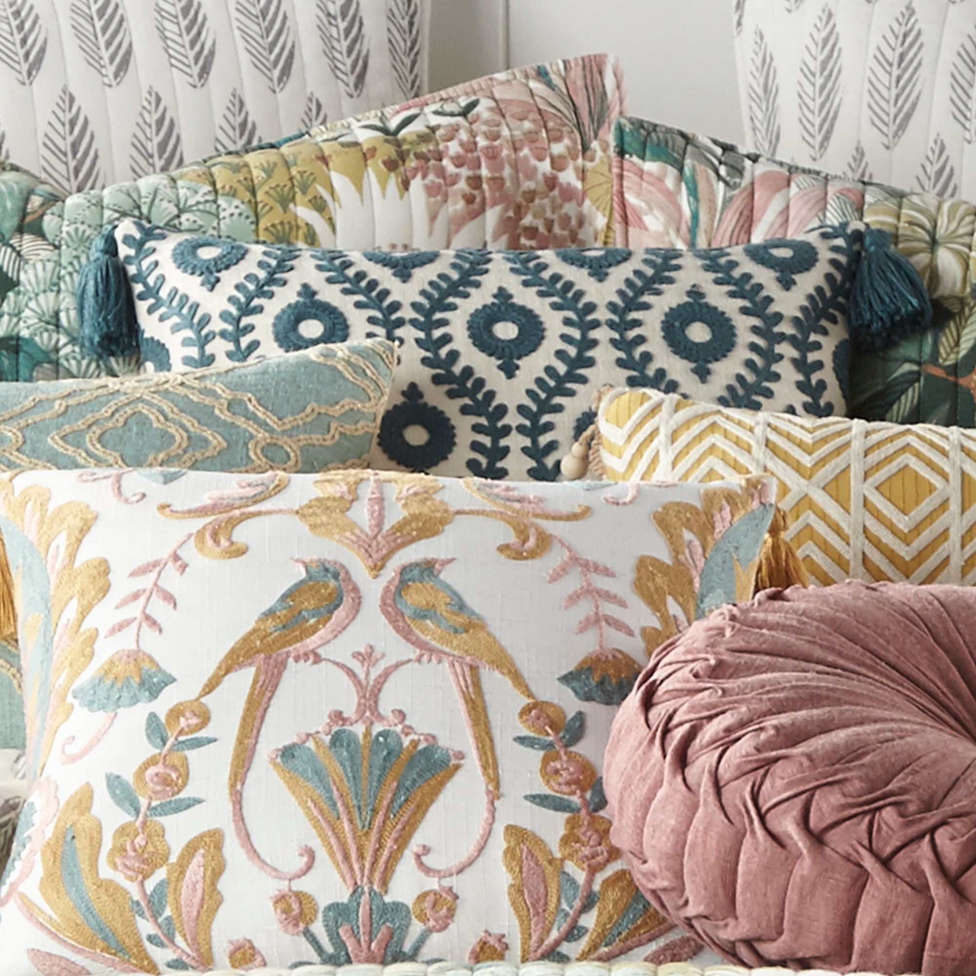 Levtex Home Ashika Navy Crewel Medallion Tassel Pillow Decorative Pillows