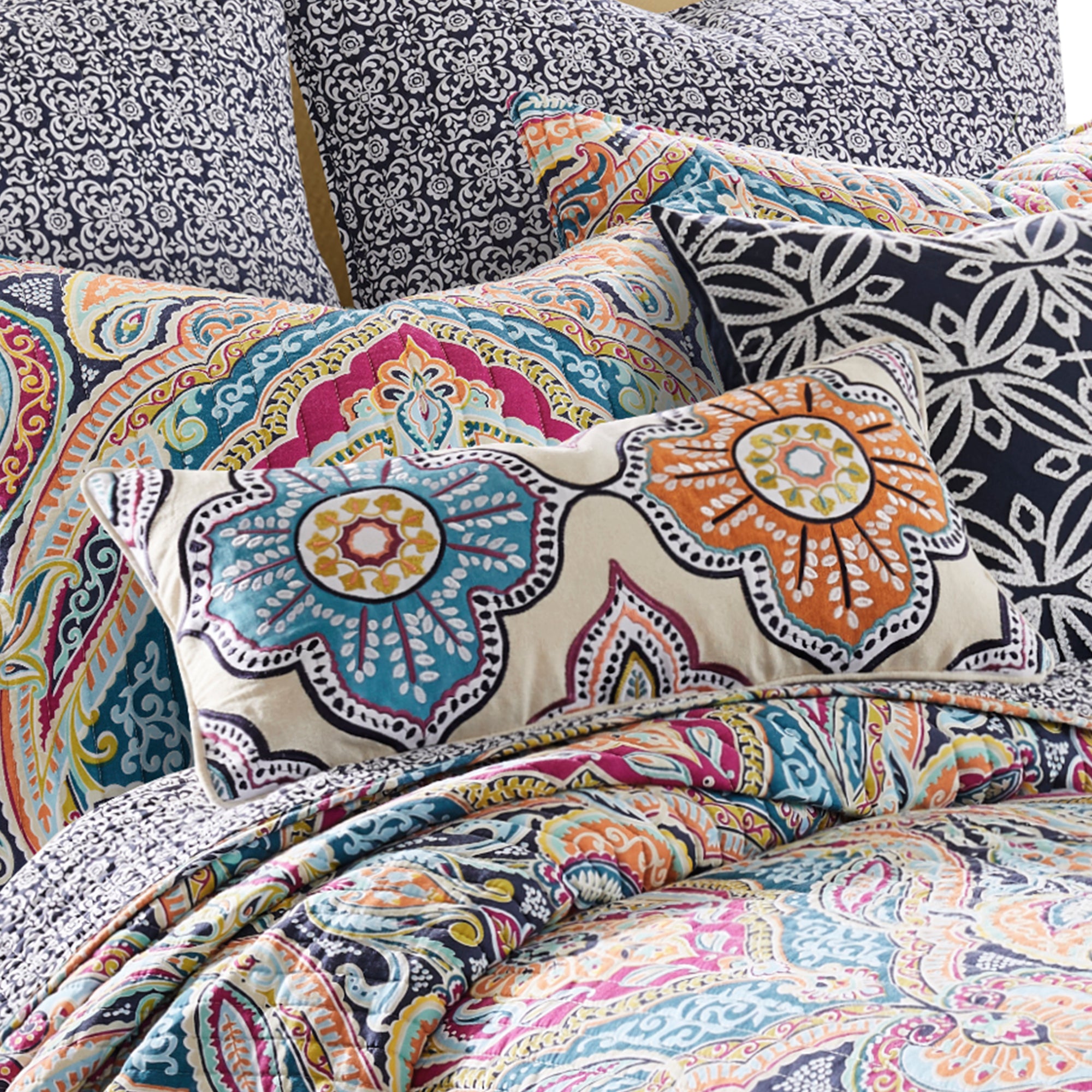 Levtex Home Magnolia Navy Embroidered Medallion Pillow Decorative Pillows