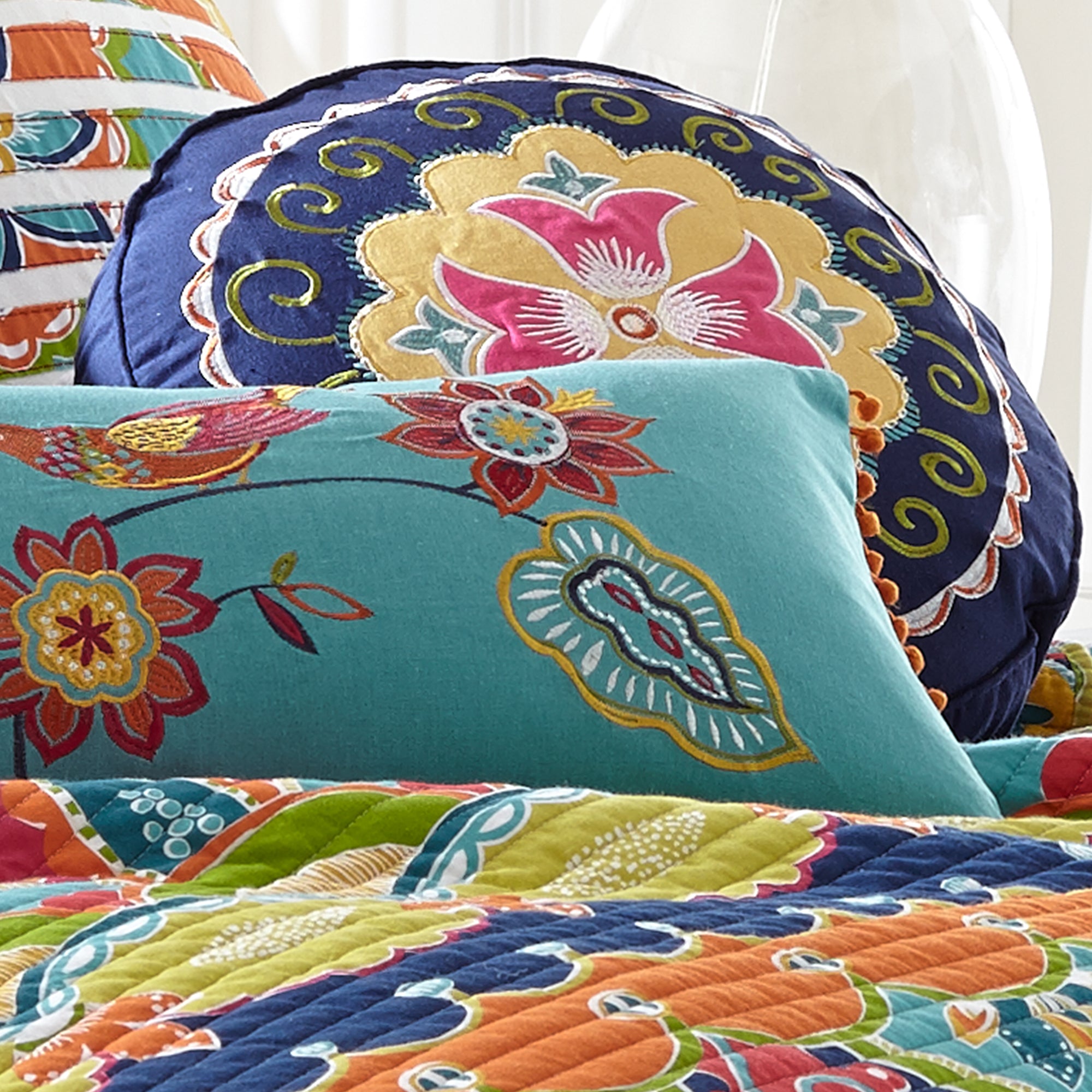 Levtex Home Amelie Round Embroidered Pillow Decorative Pillows