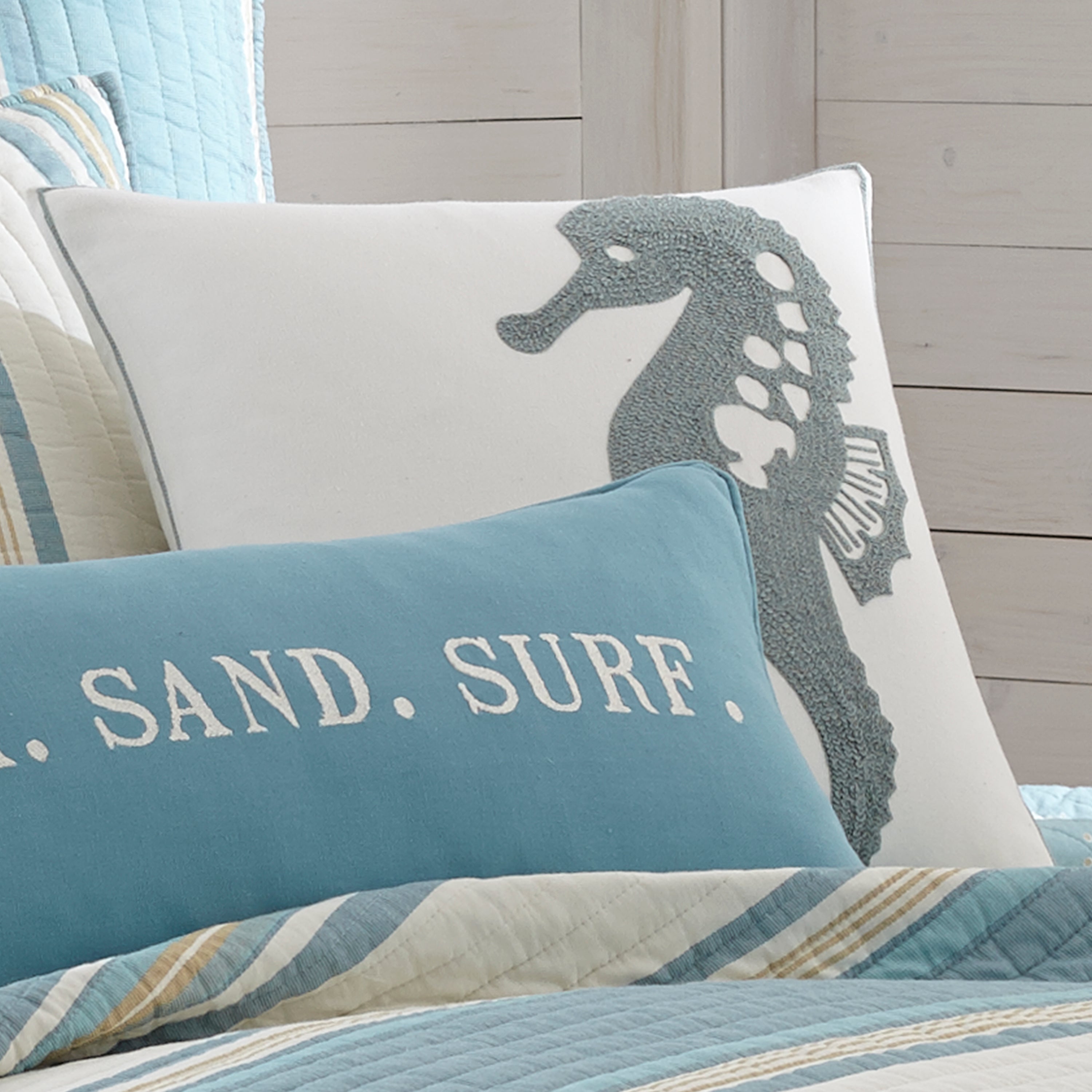 Levtex Home Blue Maui Seahorse Towel Stitch Pillow Decorative Pillows