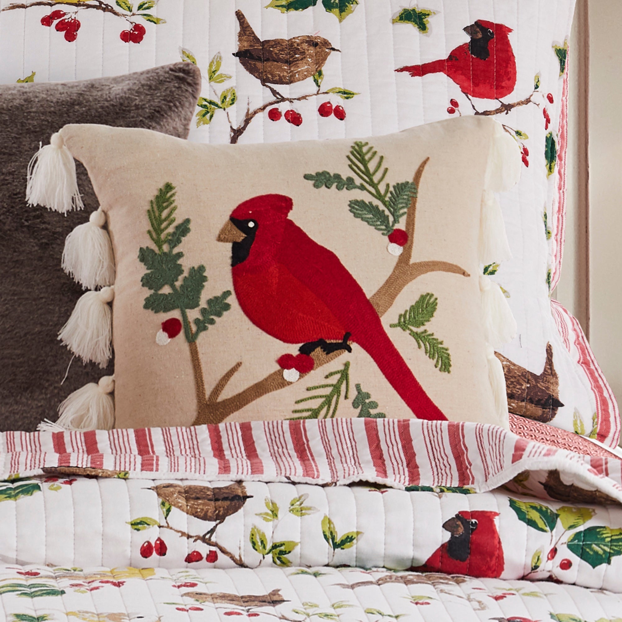 Levtex Home Joy Birds Cardinal Embroidered Tassel Pillow Decorative Pillows