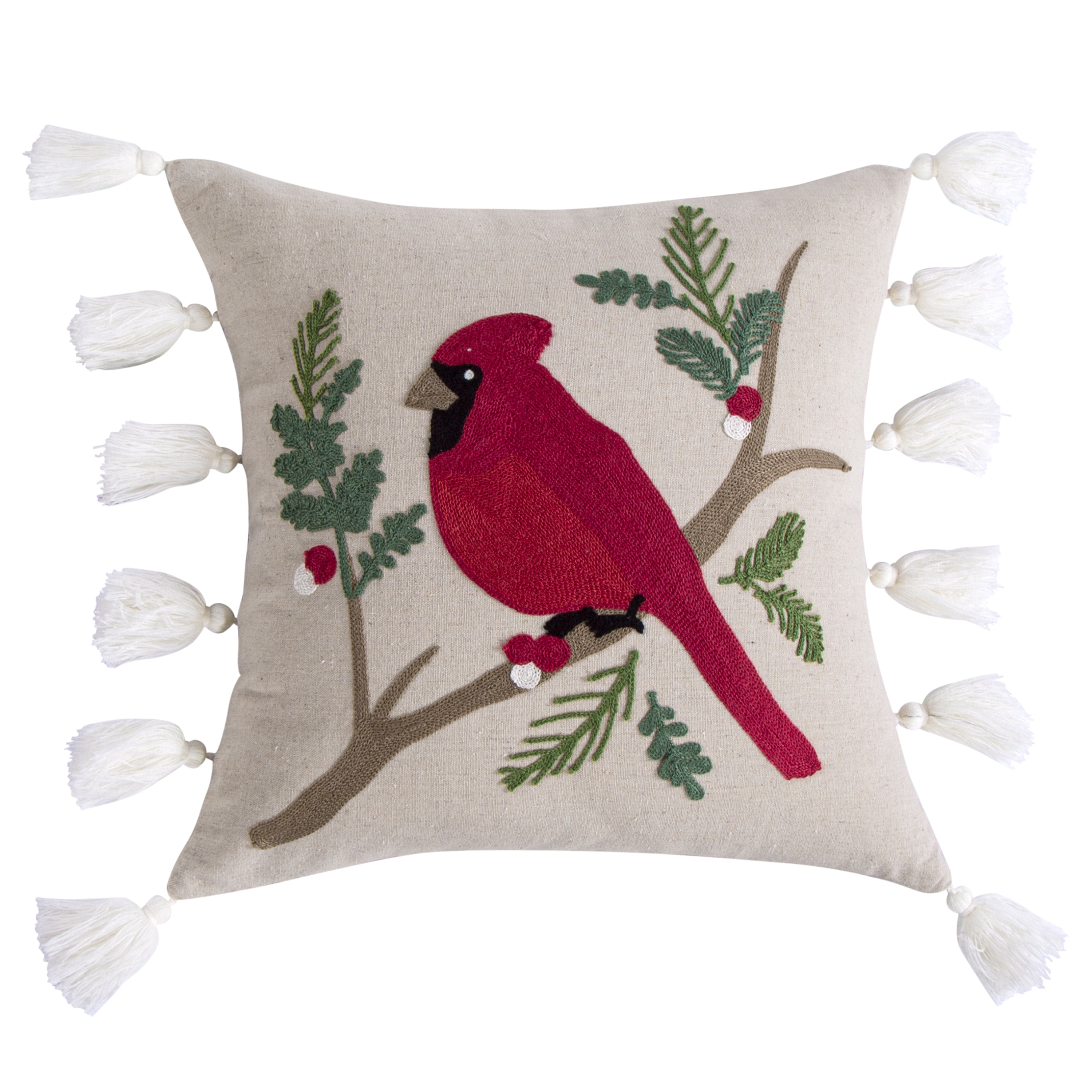 Levtex Home Joy Birds Cardinal Embroidered Tassel Pillow Decorative Pillows