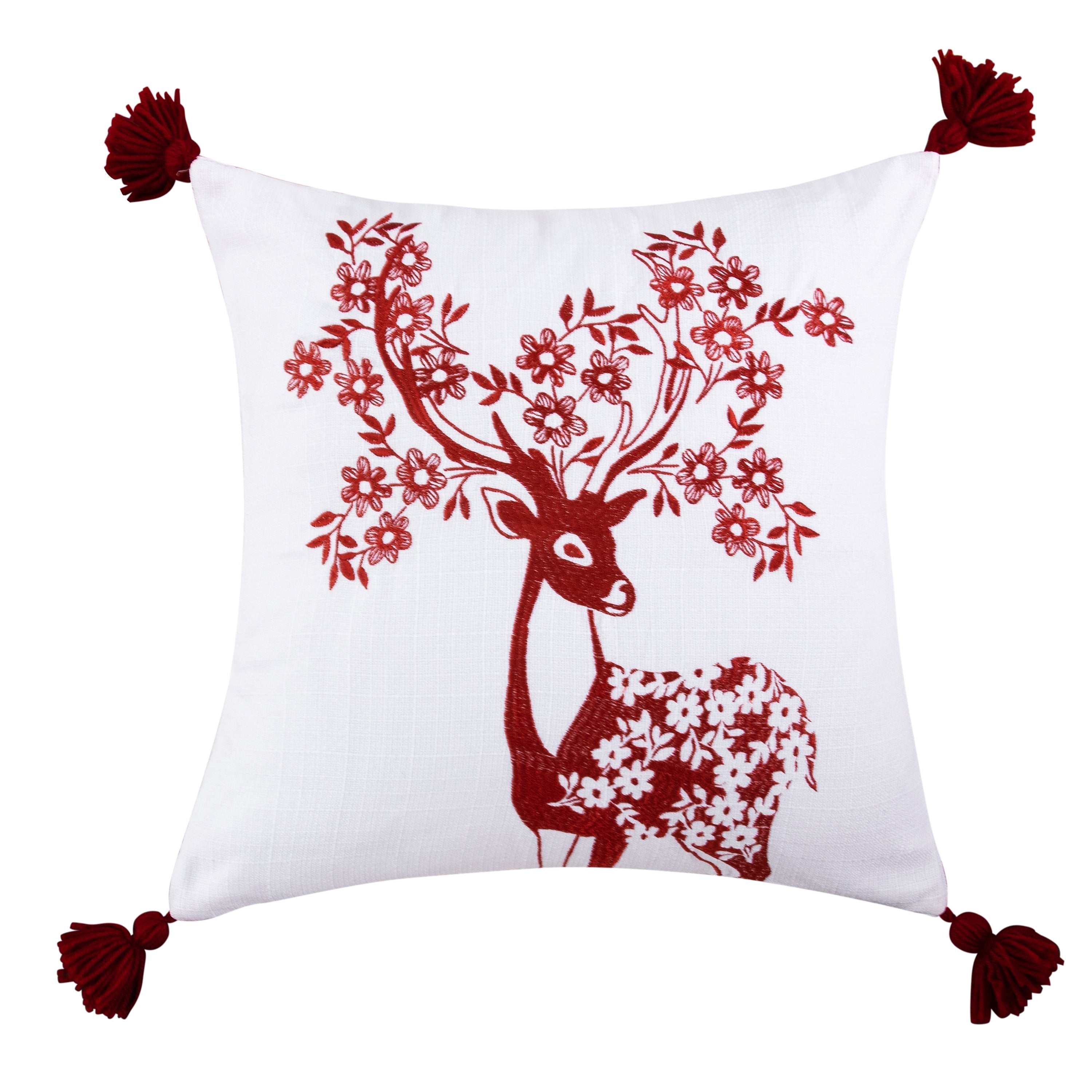 Levtex Home Sleigh Bells Red Deer Embroidered Pillow 18x18" Decorative Pillows