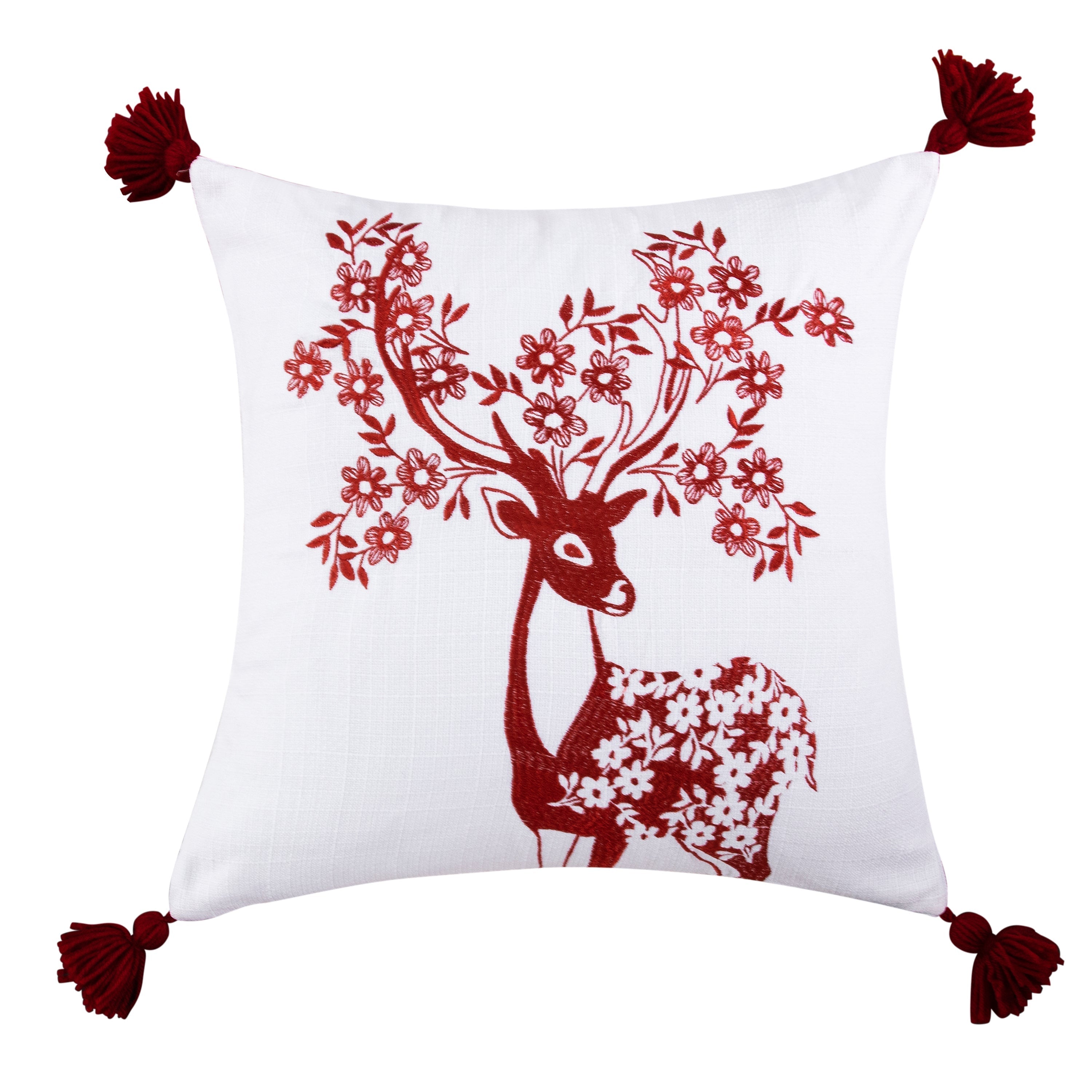 Sleigh Bells Red Deer Embroidered Pillow 18x18