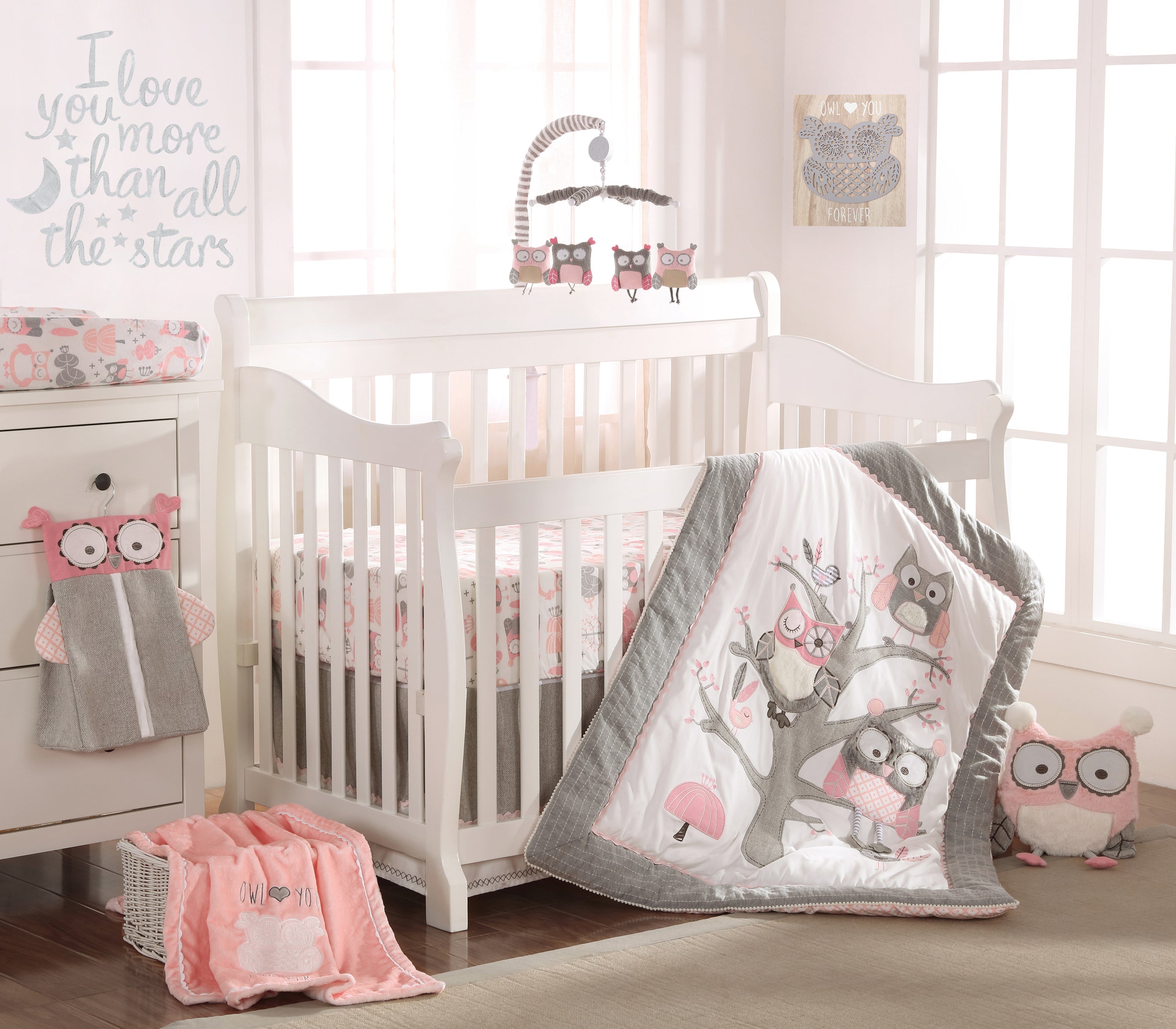 Levtex Home Night Owl Cotton Crib Fitted Sheet - Pink Crib Fitted Sheets