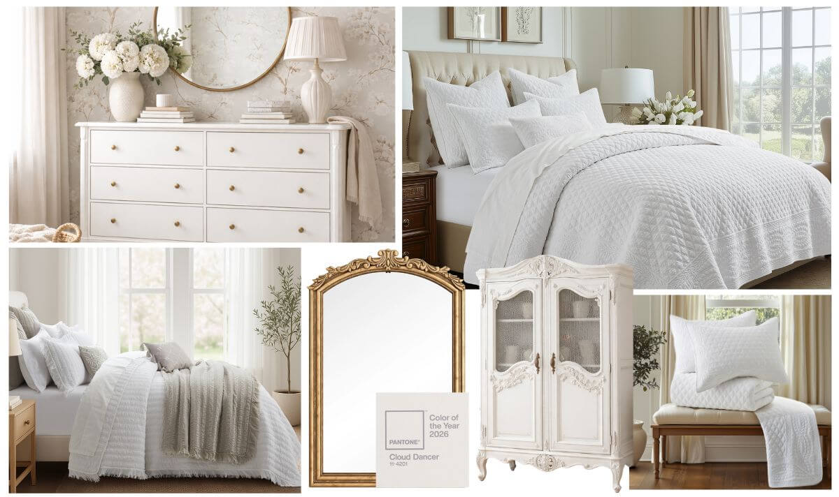 Elegant white bedroom mood board showcasing layered quilts, classic french furniture, and soft neutral decor inspired by the 2026 Pantone Color of the Year Cloud Dancer.