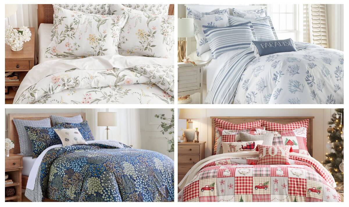 Best comforter sets in a variety of seasonal styles including cottage florals, blue botanical, coastal stripes, and festive holiday patchwork