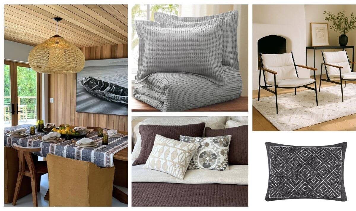 Collage of modern California interior design decor items, including a waffle bedding set, pillows, a rug, and a dining table