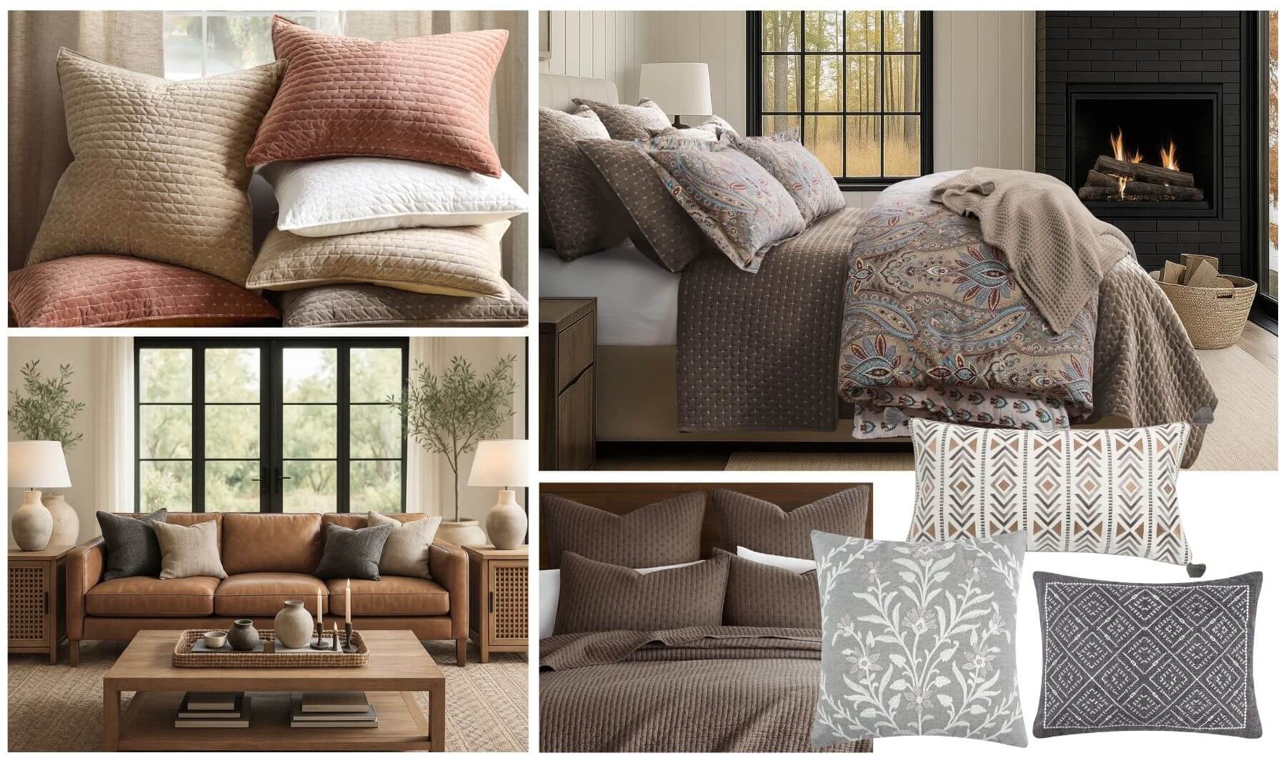 Collage of transitional style home decor items including pillows and bedding in a living room setting.