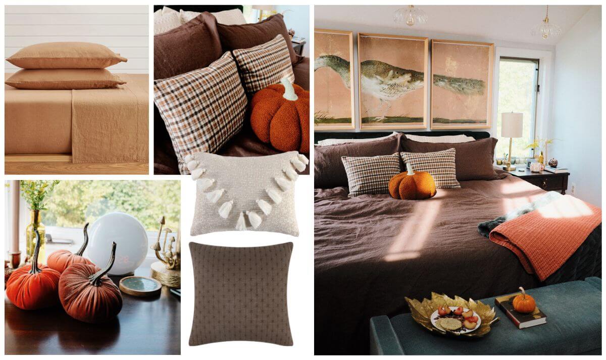 Fall bedroom styling collage featuring brown bedding, plaid pillows, orange pumpkin decorations, waffle-textured throws in terracotta and taupe, and a styled bedroom with fish artwork above the bed
