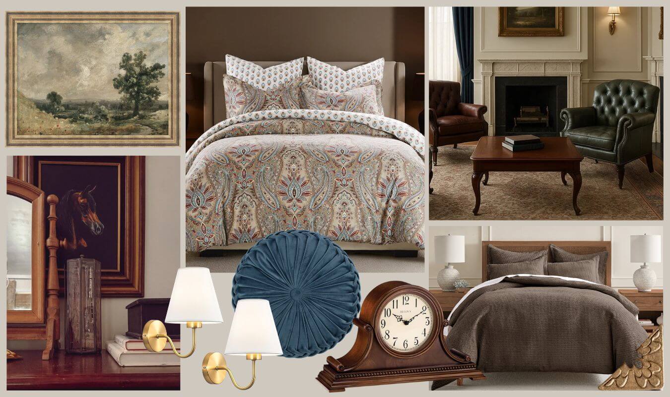 Collage of bedroom decor items including bedding, furniture, and wall art styled in Old Money interior design