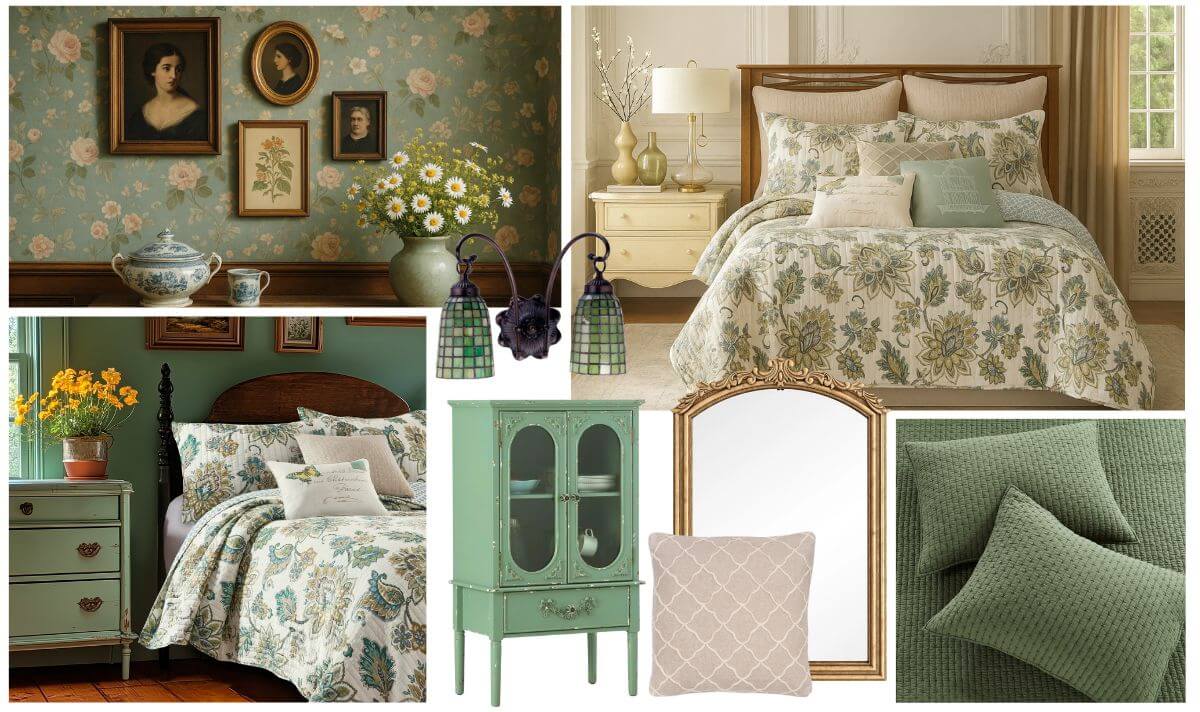Victorian interior design bedroom mood board with floral bedding, vintage furniture, green tones, and ornate decor accents featuring Levtex Home Palladium Quilt Set
