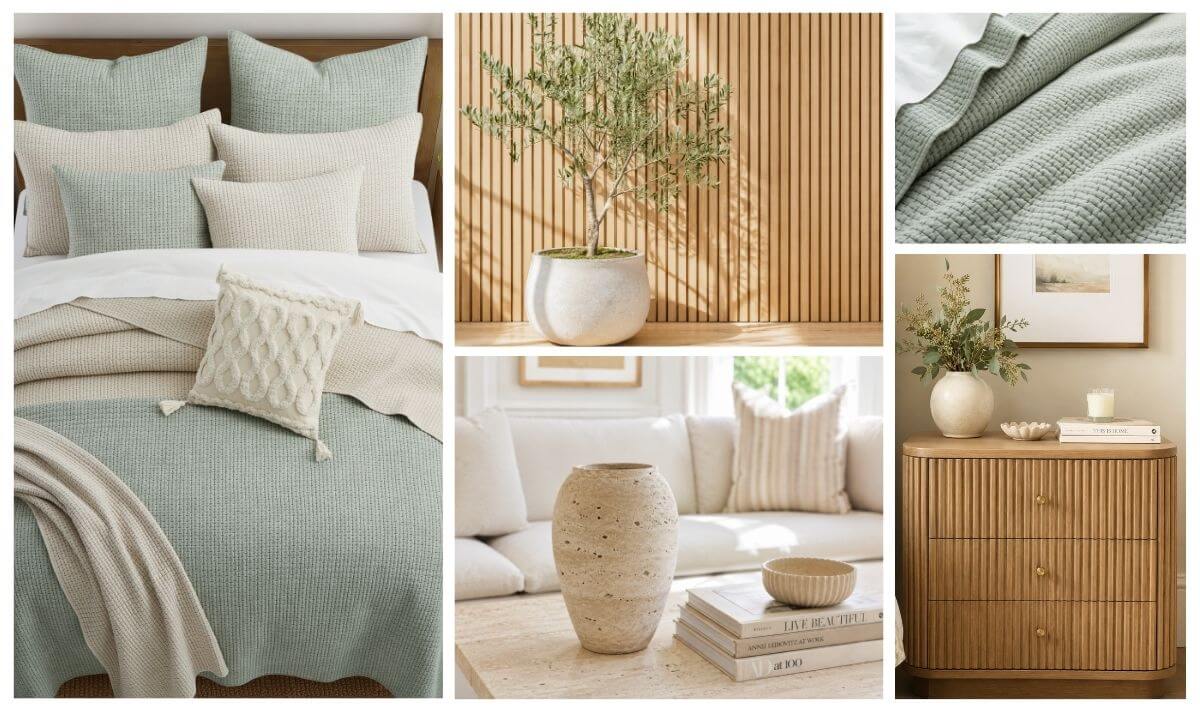 Airbnb bedding ideas with sage quilt, neutral pillows, textured throws, and wood accents