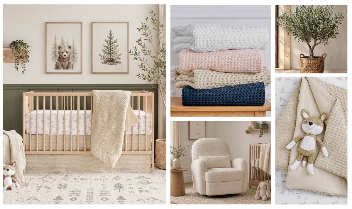 Baby boy nursery ideas with neutral crib bedding, bear wall art, and cozy decor.