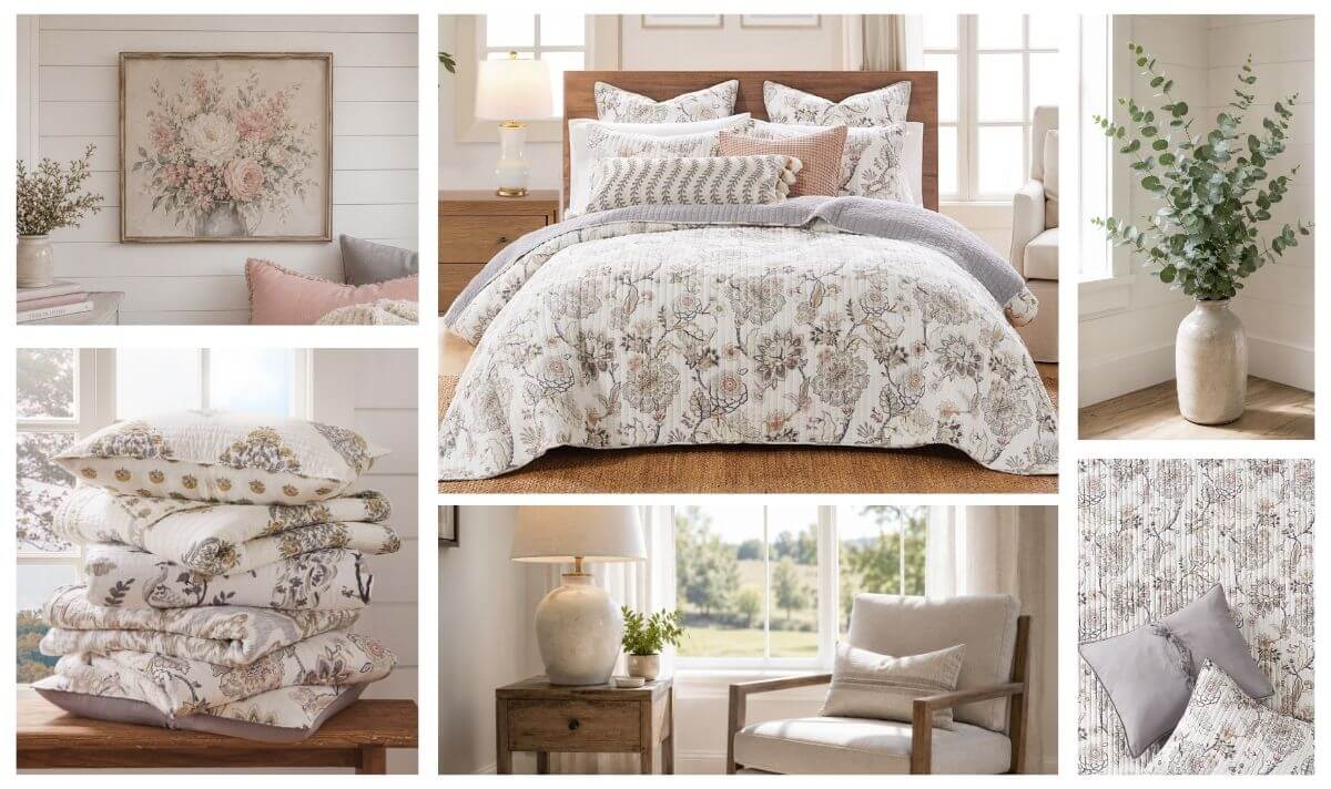 Best quilts for farmhouse bedrooms with soft floral patterns and rustic layers