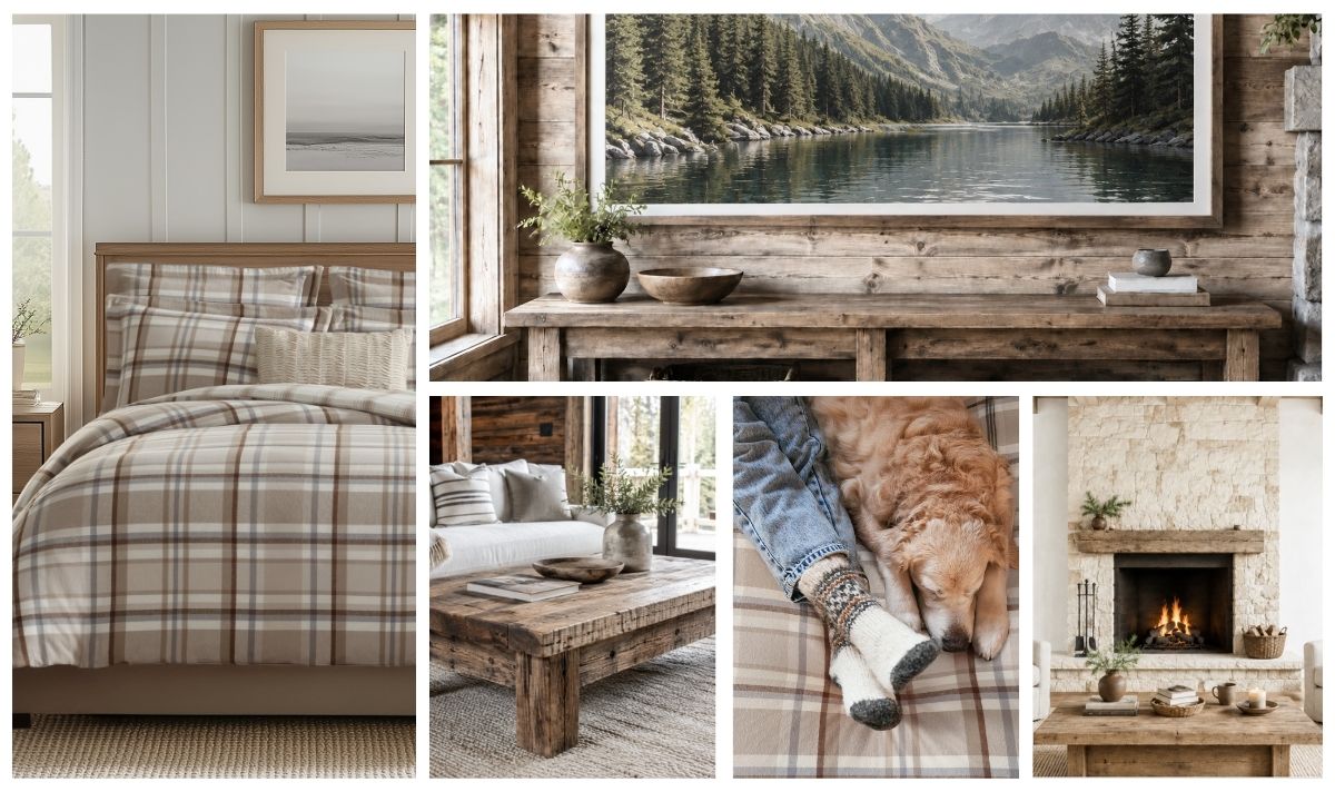 Cabin Airbnb design with plaid bedding, rustic wood decor, dog and stone fireplace