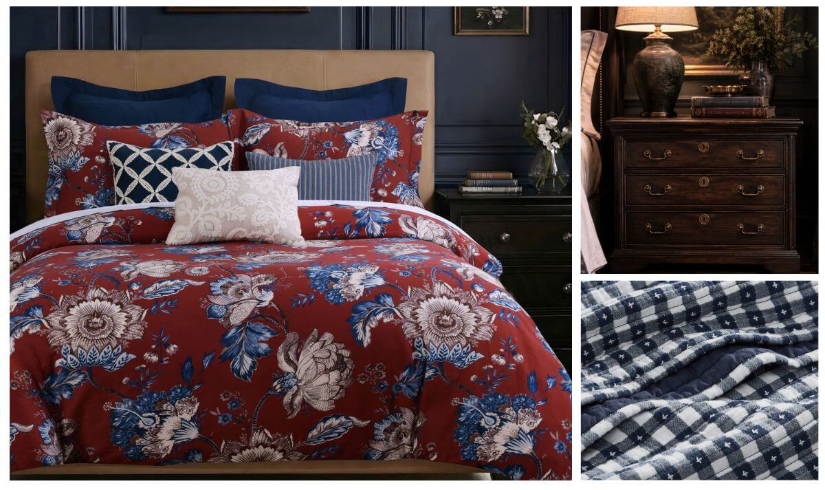 Castlecore interior design bedding in rich red florals and dark accents