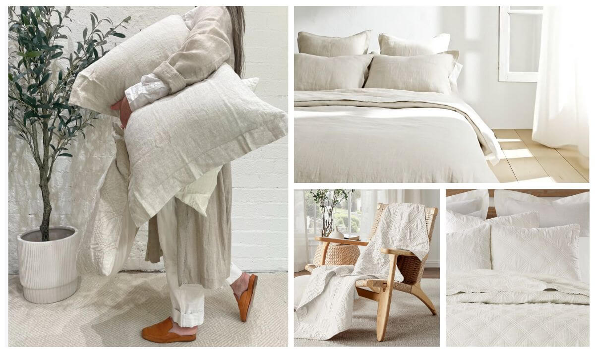 Neutral linen bedding collage with washed linen pillows, duvet, and quilt.