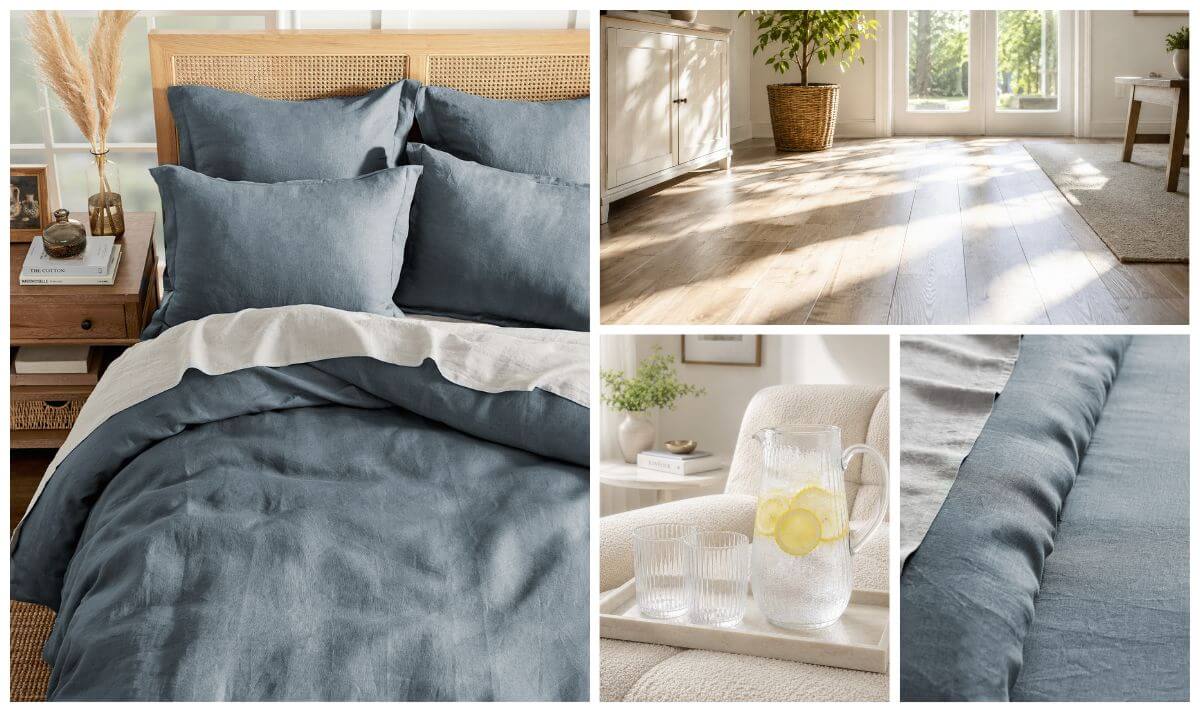 How to layer a bed for summer with blue linen bedding and lightweight sheets