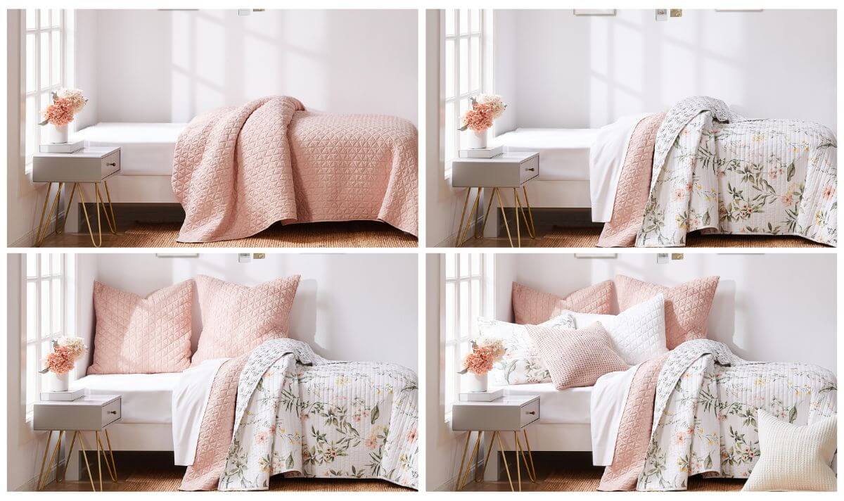 How to make your bed with layered floral bedding, pink quilt, and pillows