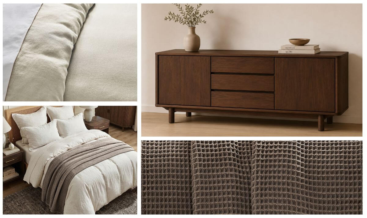 Modern Airbnb design with neutral bedding, textured throw and walnut furniture