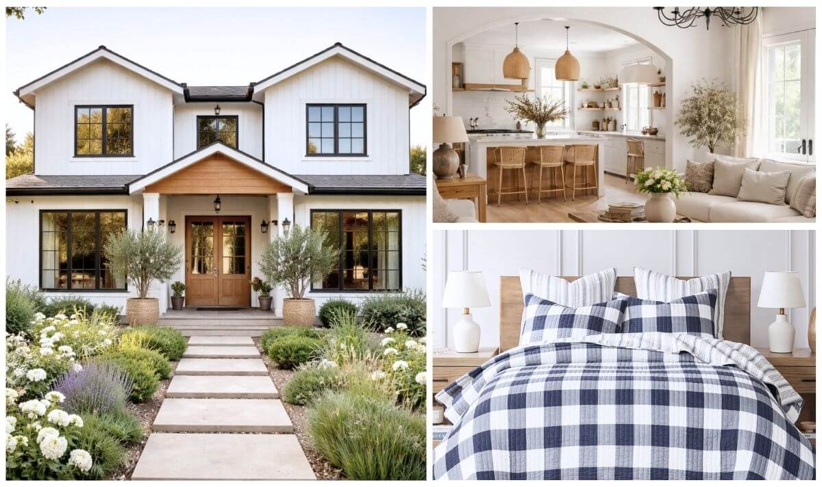 Modern farmhouse decor collage featuring a white farmhouse exterior, airy neutral kitchen and living room, and bedroom styled with the Levtex Home Camden Quilt Set in navy buffalo check.