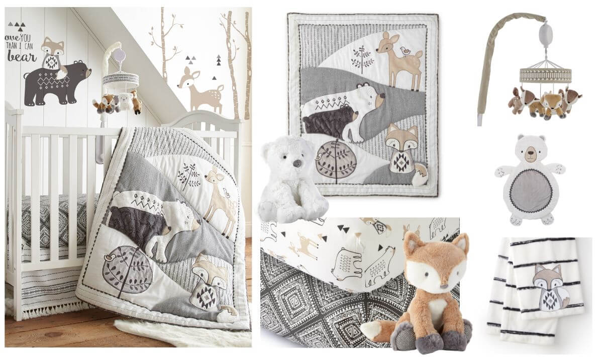Trendy nursery themes with a celestial mural, soft bedding and modern crib decor
