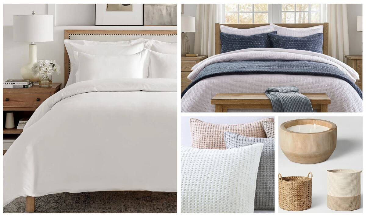 Small bedroom ideas collage featuring a cozy white bed, layered textured blankets, waffle knit pillows, and neutral baskets and candle for space‑saving decor.