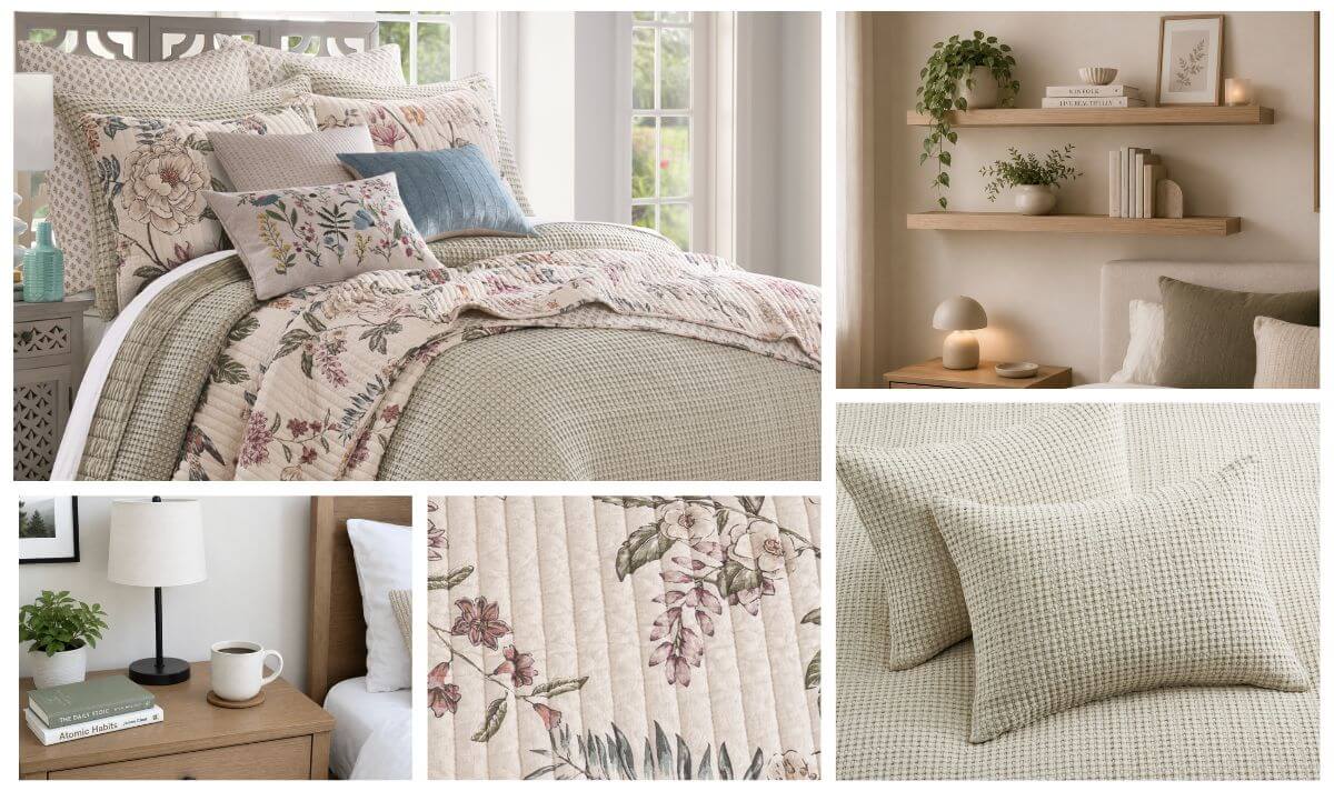 Types of bedding shown in a layered floral quilt, coverlet, and decorative pillows