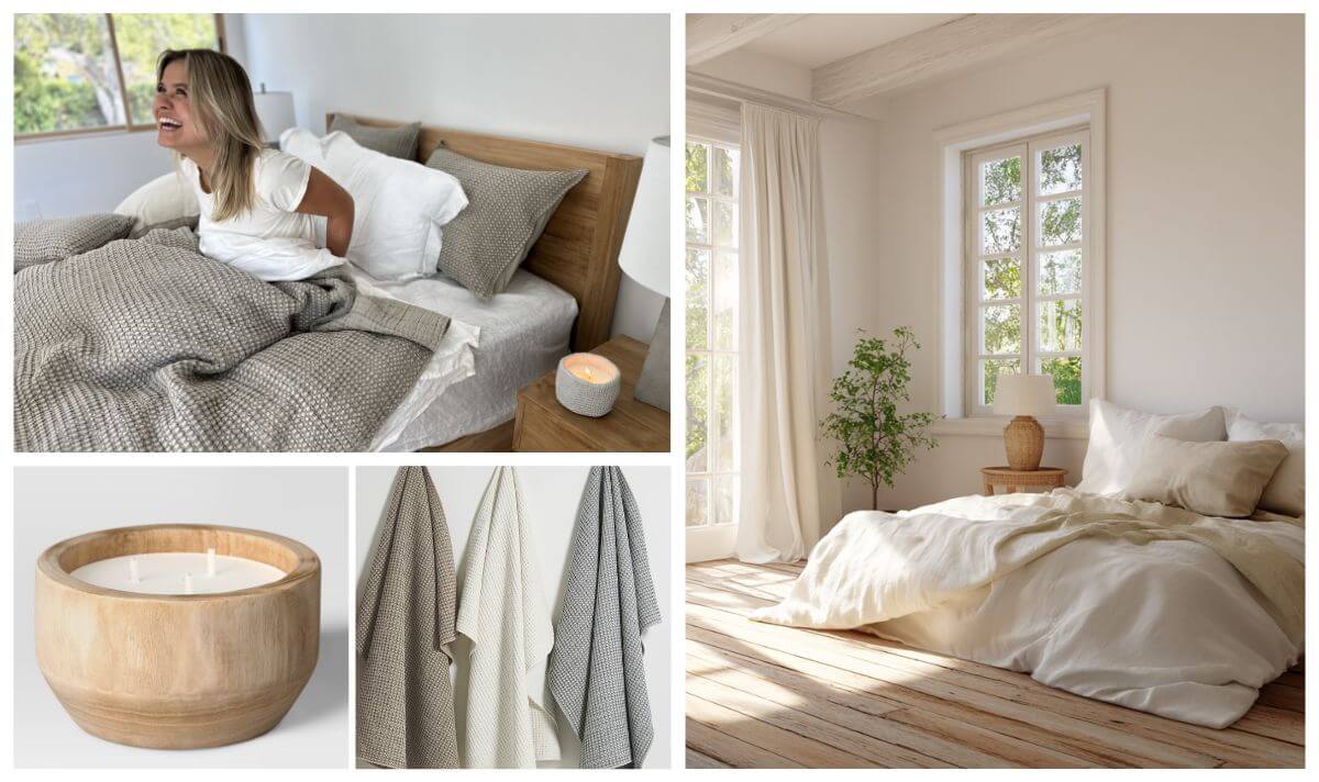 Wabi sabi interior design with neutral bedding and natural decor