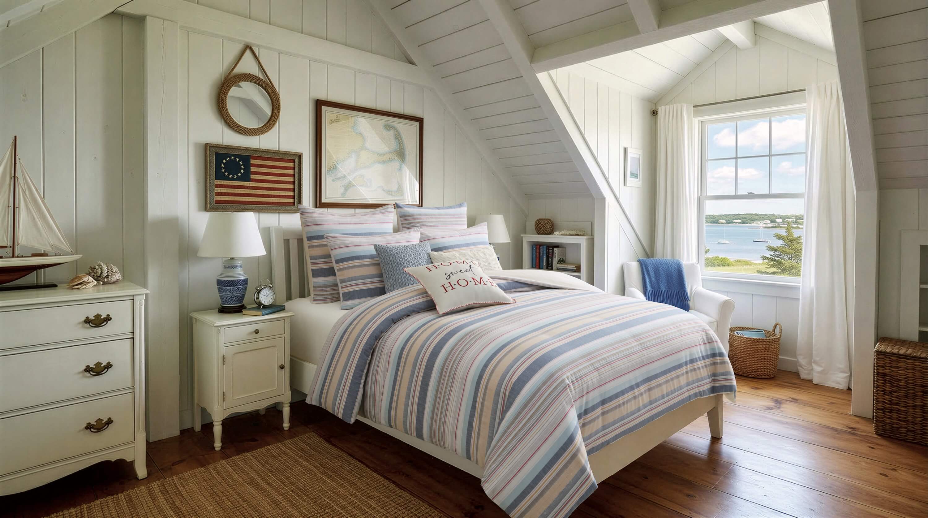 Cozy bedroom with striped bedding, wooden floors, and large windows.