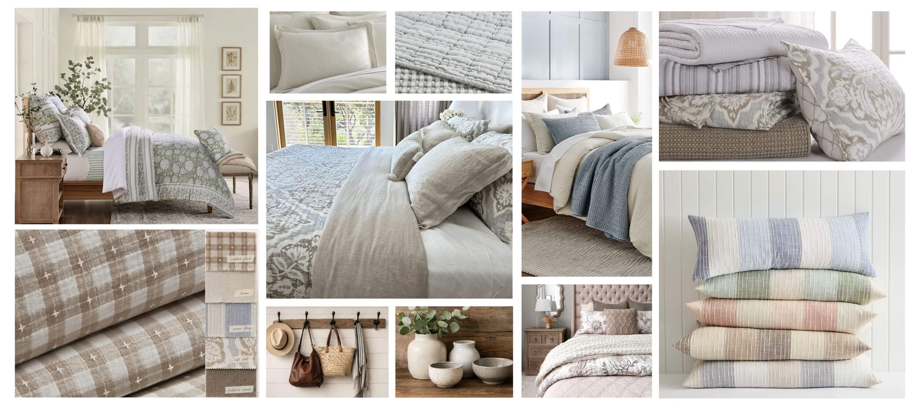Collage of various bedding sets and home decor items in neutral tones.