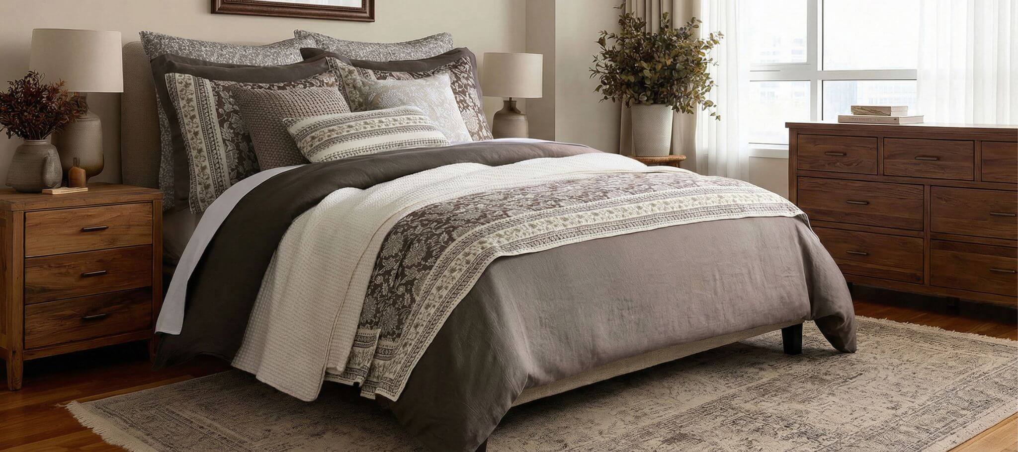 Bedroom with a bed covered in gray and brown bedding, wooden nightstands, and dresser.