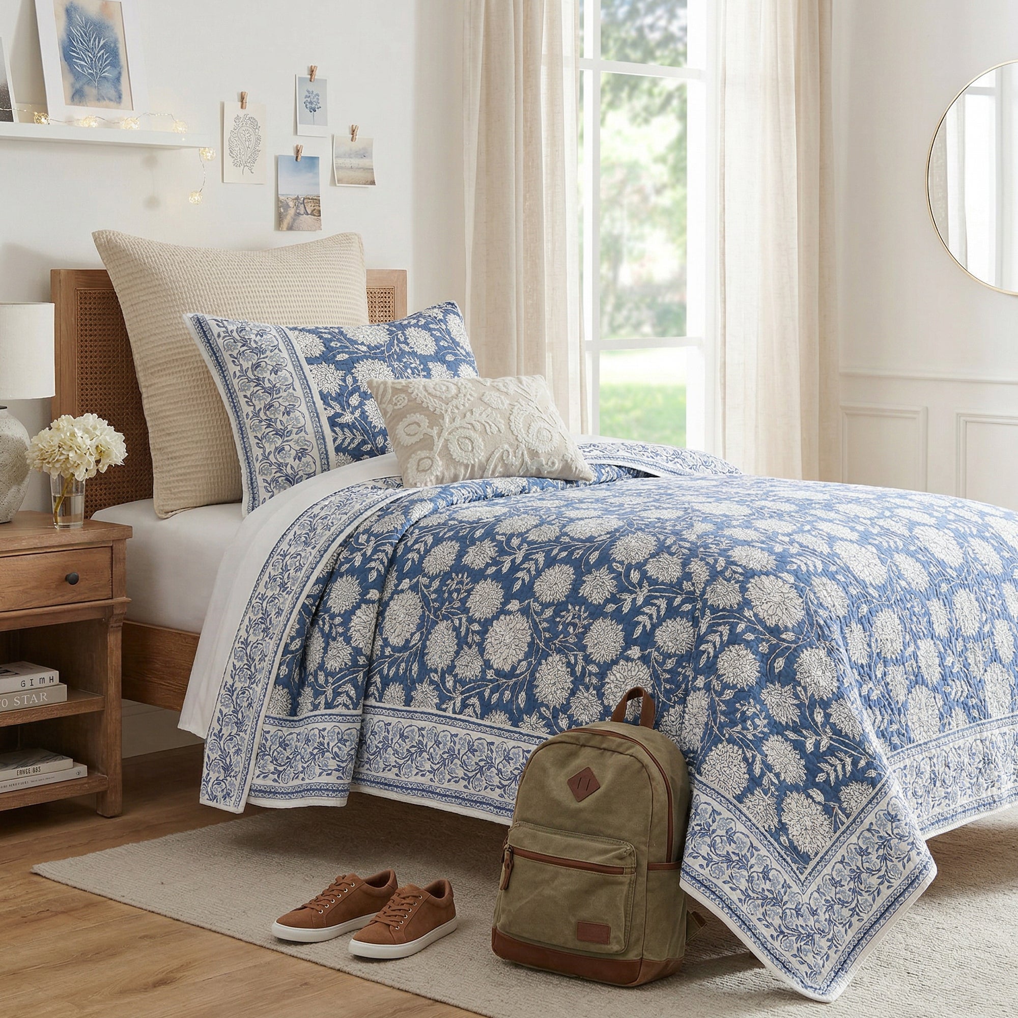 Bedroom with floral-patterned bedding, backpack, and shoes on a wooden floor.