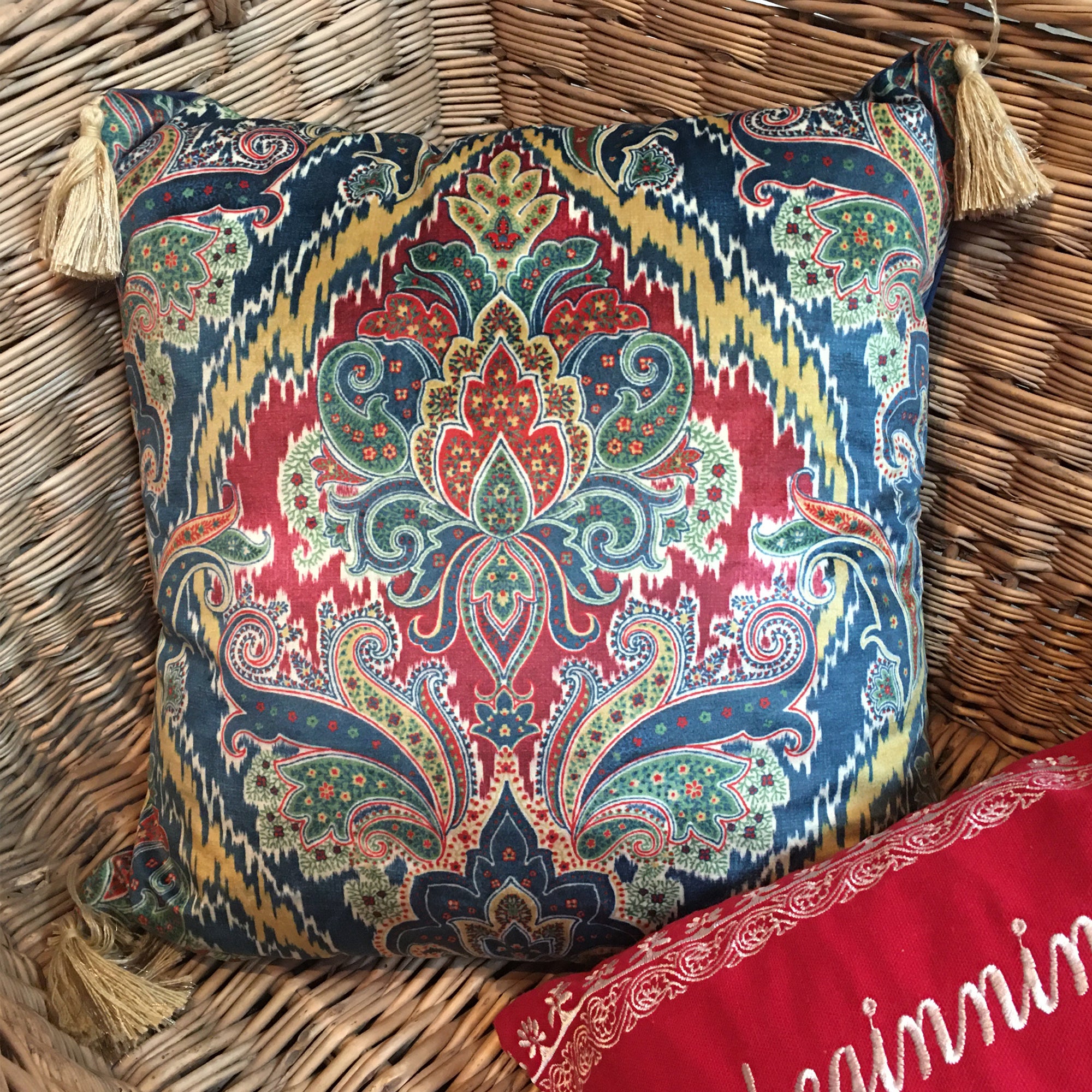 Printed Velvet Medallion Tassel Pillow