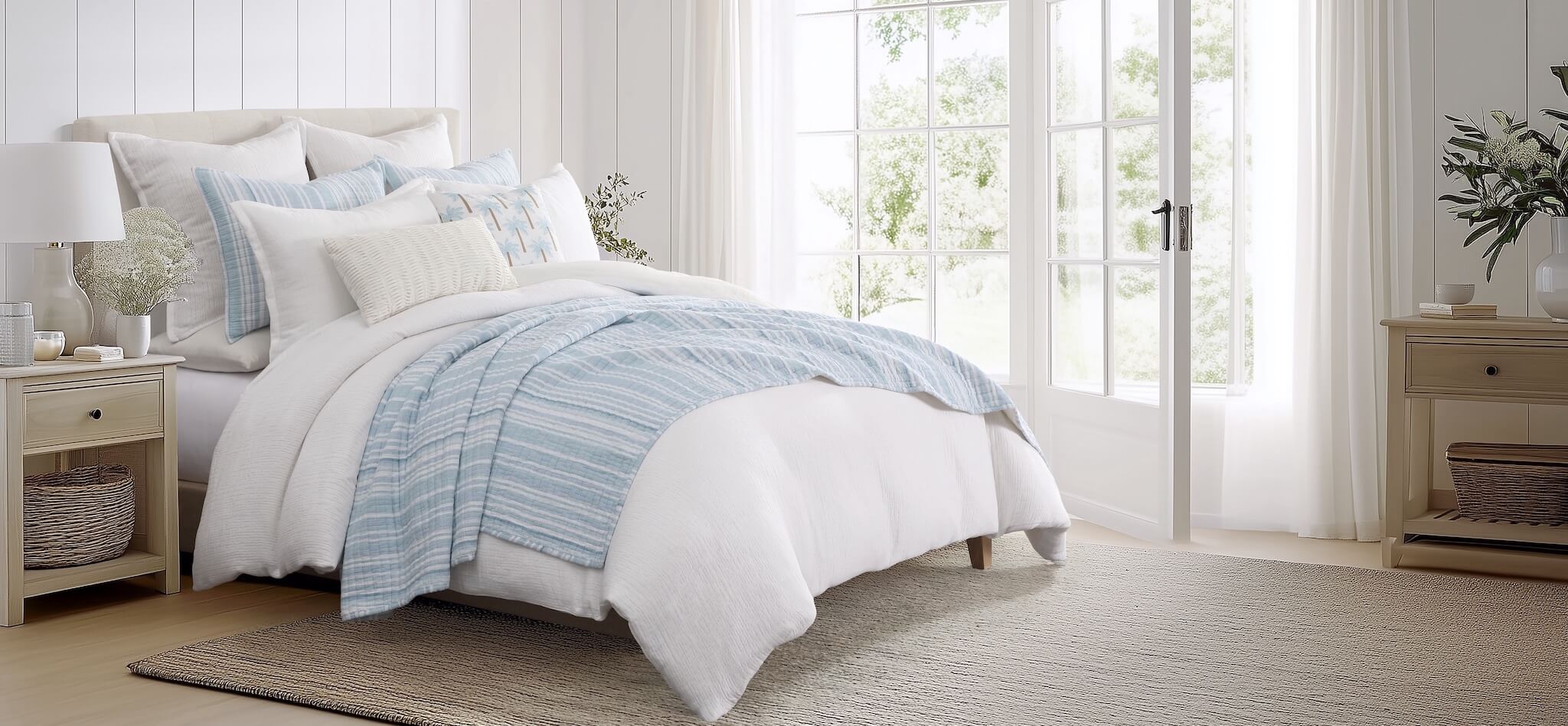 Bedroom with a neatly made bed featuring light blue and white bedding, wooden nightstands, and large windows.