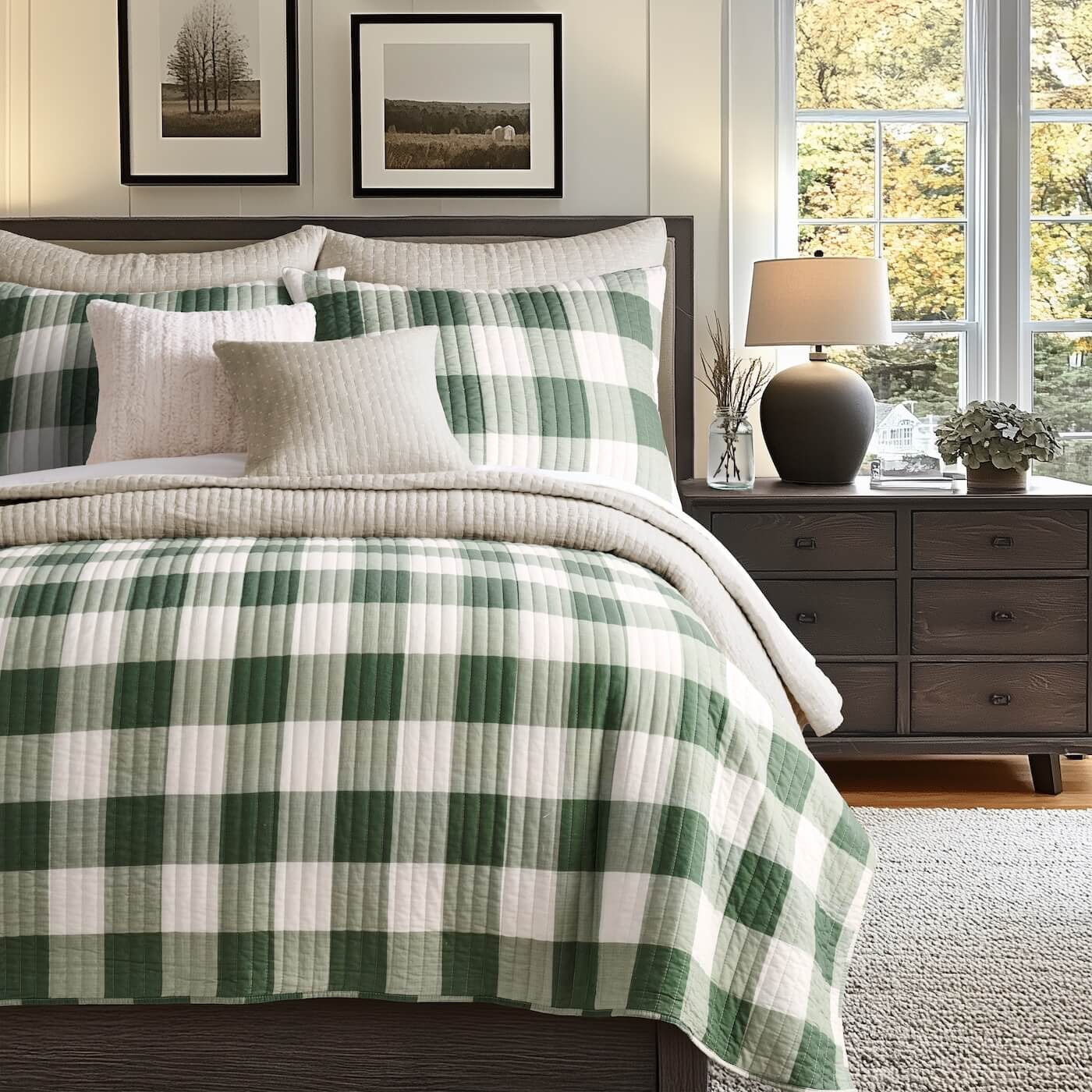 Bedroom with a bed covered in green and white checkered bedding, nightstand with lamp, and framed pictures on the wall.