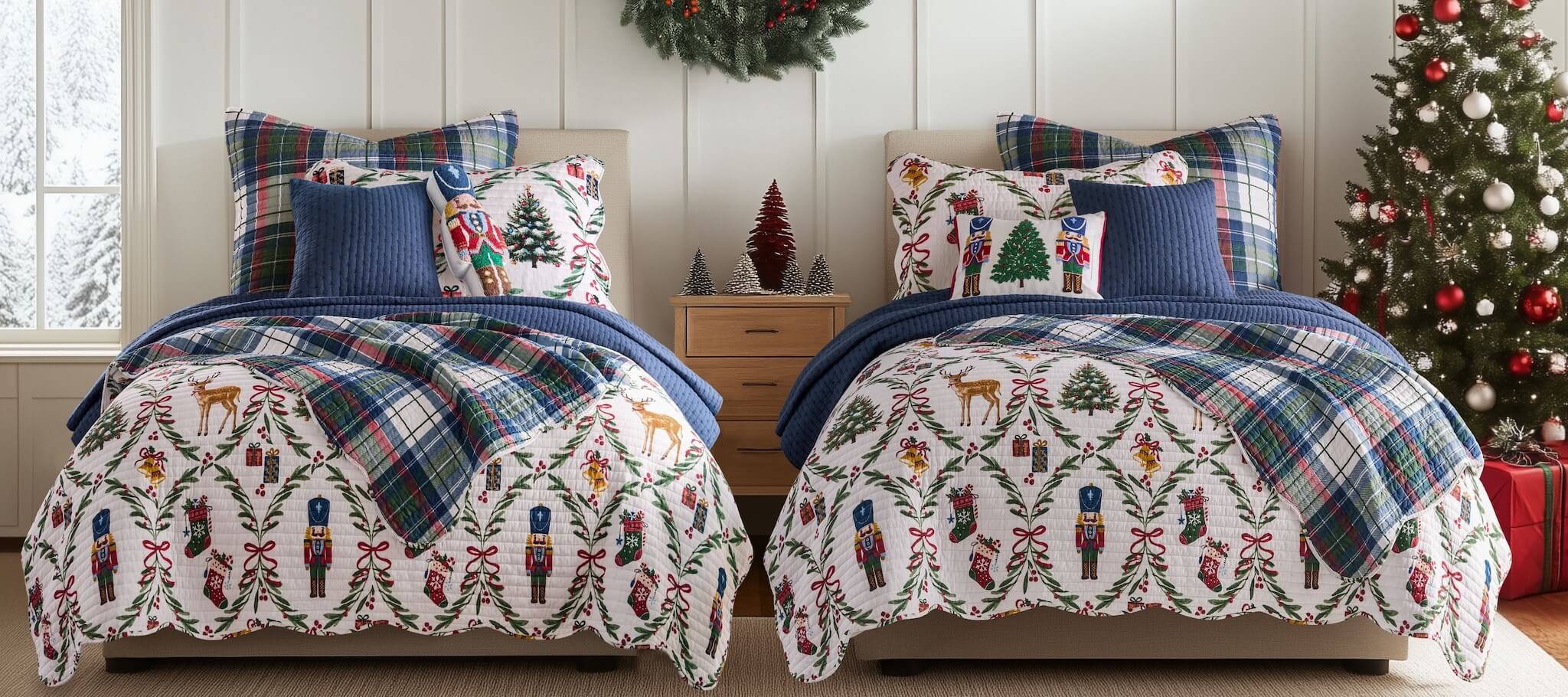 Two beds with festive bedding featuring Christmas patterns in a room decorated with Christmas trees and presents.