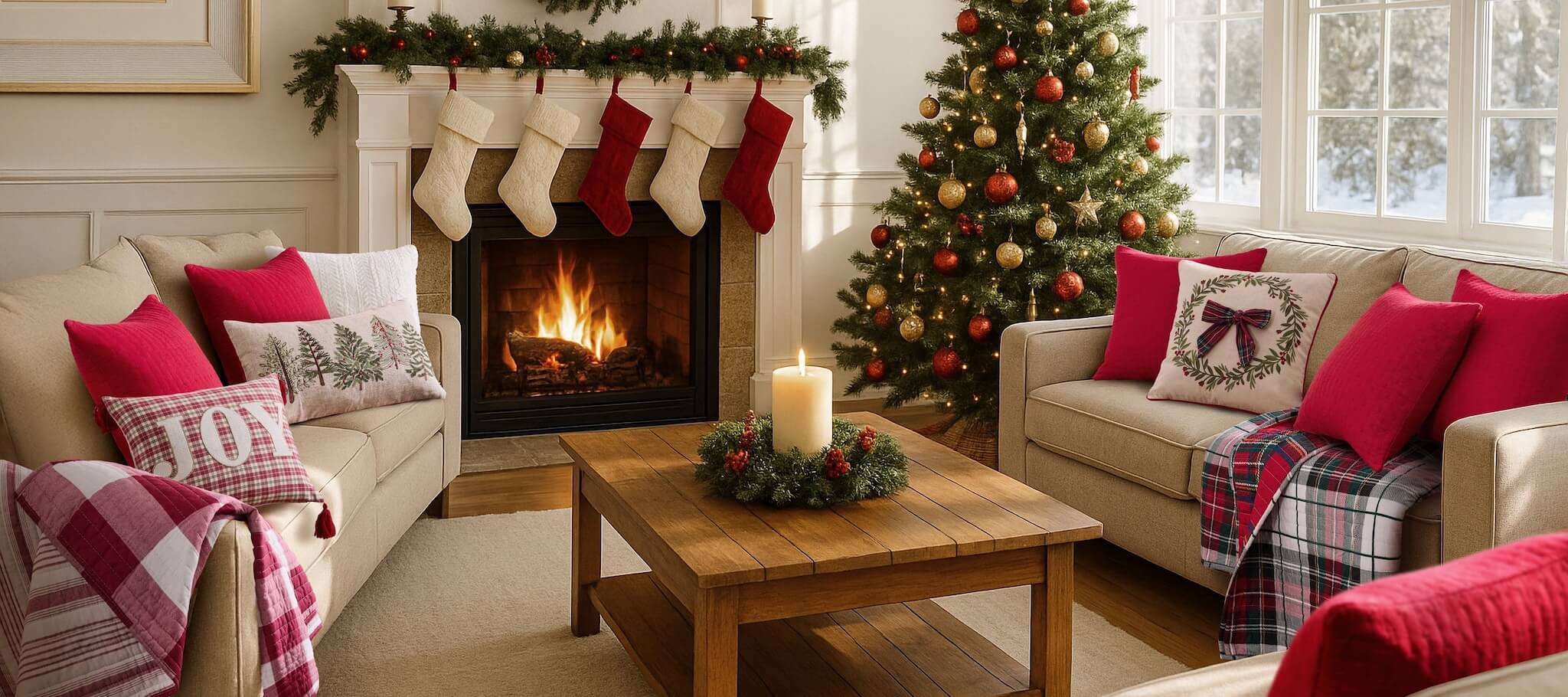Cozy living room with Christmas decorations, including decorative pillows, throws, stockings, a tree, and candles.