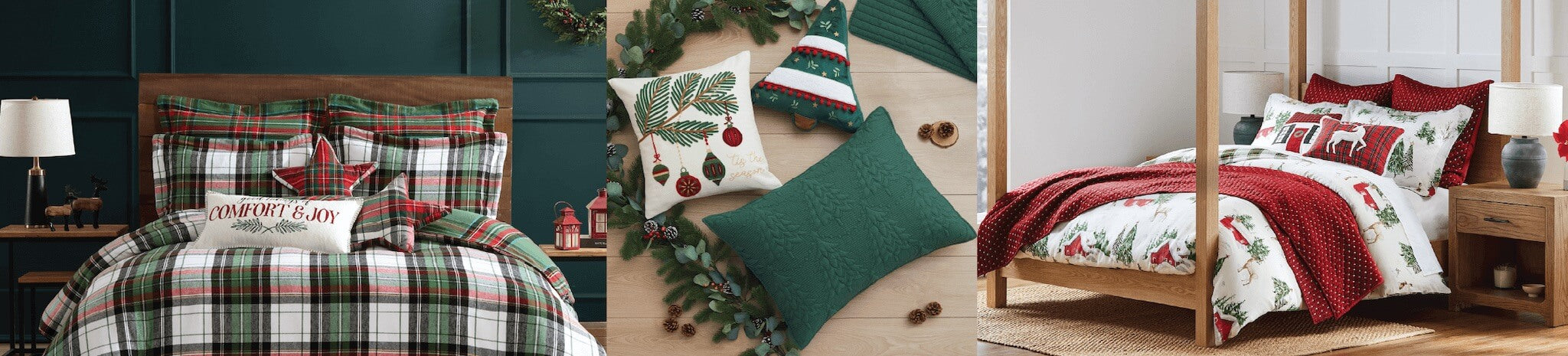 Christmas-themed bedding set with plaid pattern and festive pillows on a bed.