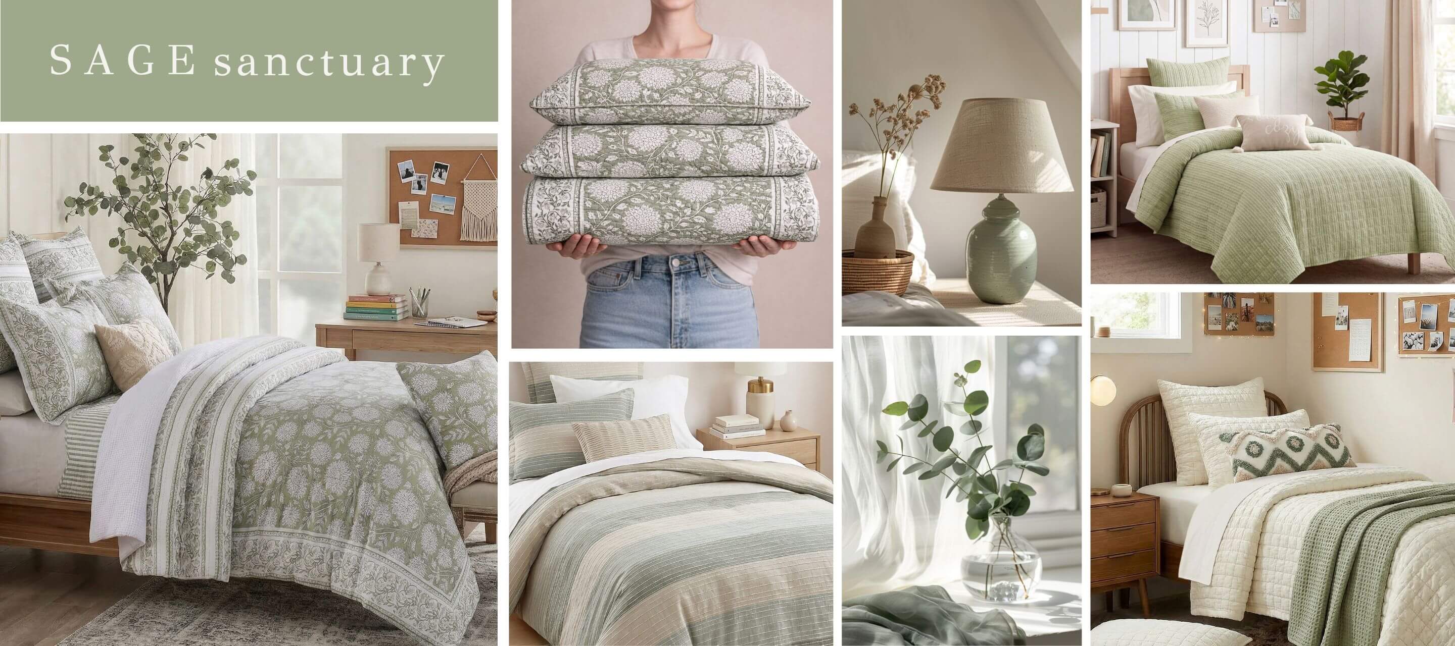 Collage of bedroom scenes with 'SAGE sanctuary' branding, featuring bedding and decor.