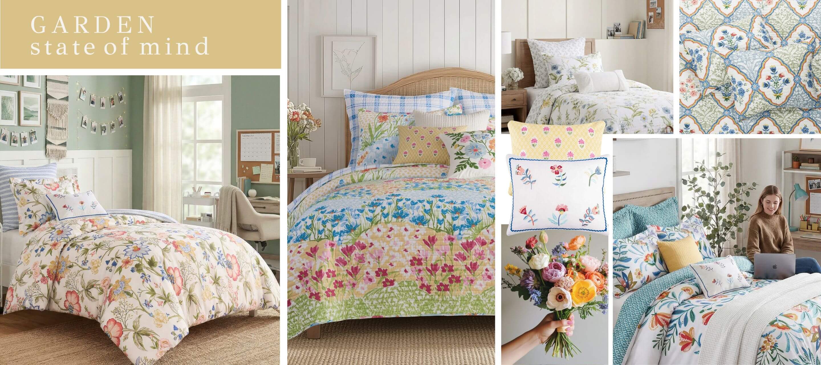Collage of floral bedding sets in various settings with 'Garden State of Mind' text.